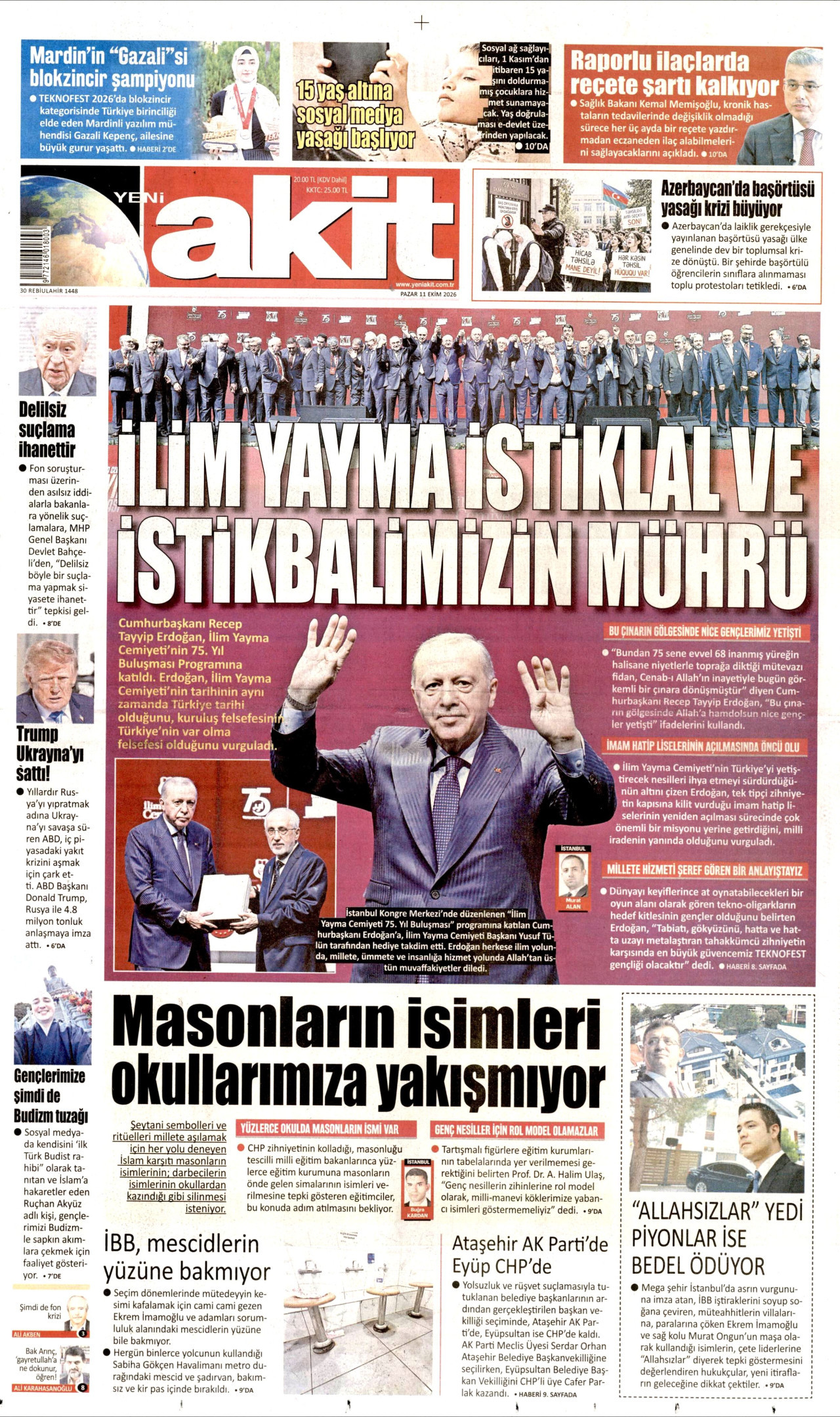 Yeni Akit Gazetesi 11 Ekim 2026 Pazar Manşeti Büyük Boyut