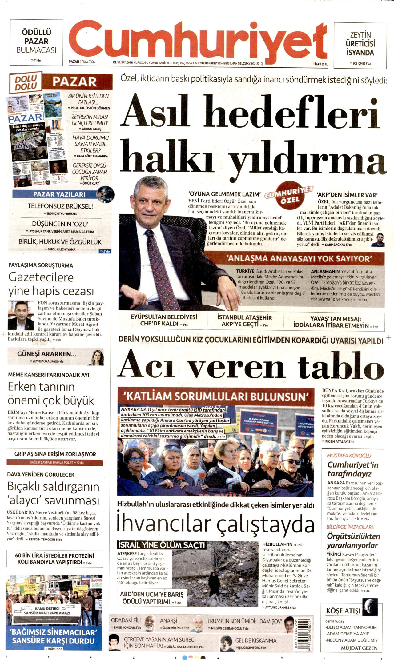 Cumhuriyet Gazetesi 11 Ekim 2026 Pazar Manşeti Büyük Boyut