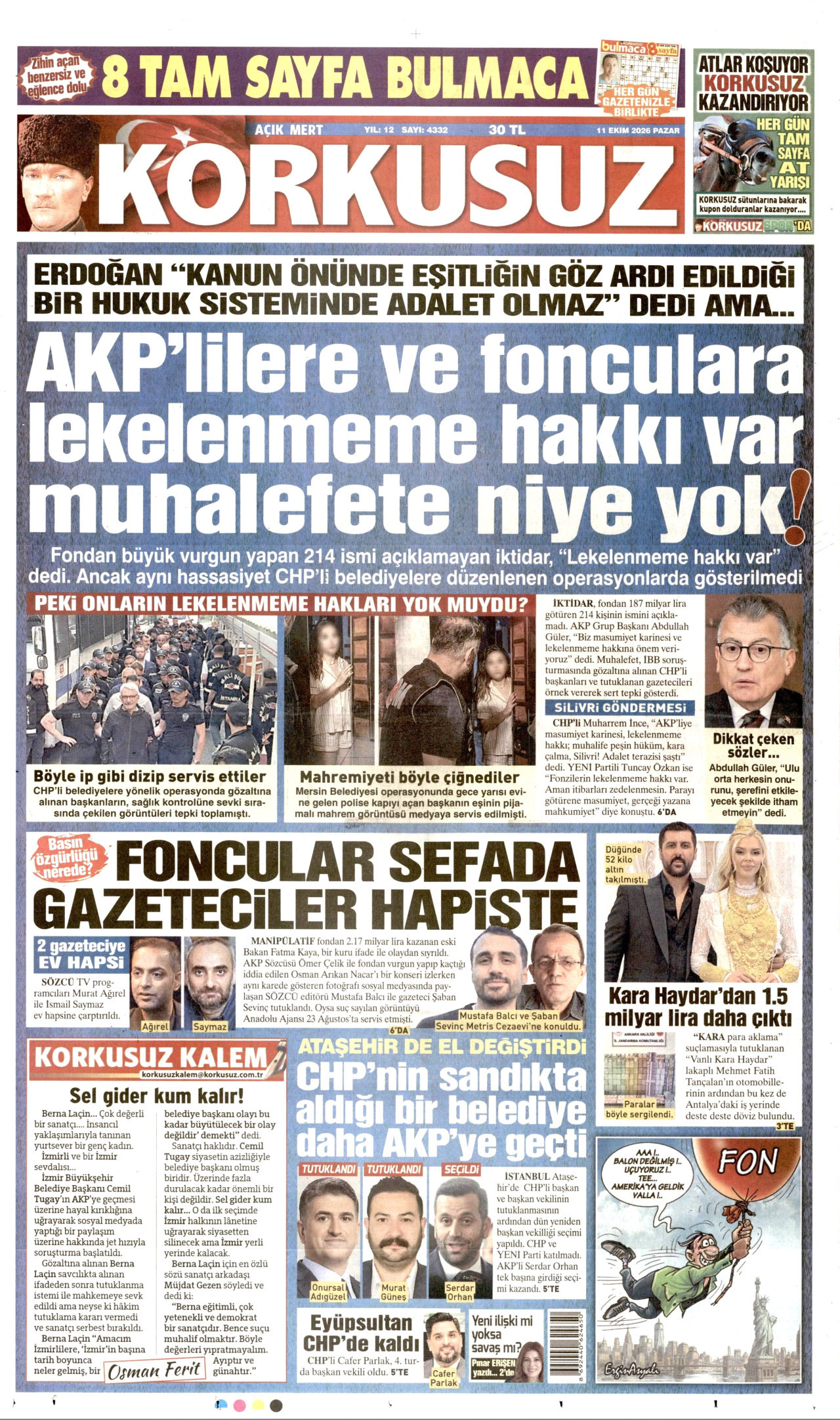 Korkusuz Gazetesi 11 Ekim 2026 Pazar Manşeti Büyük Boyut