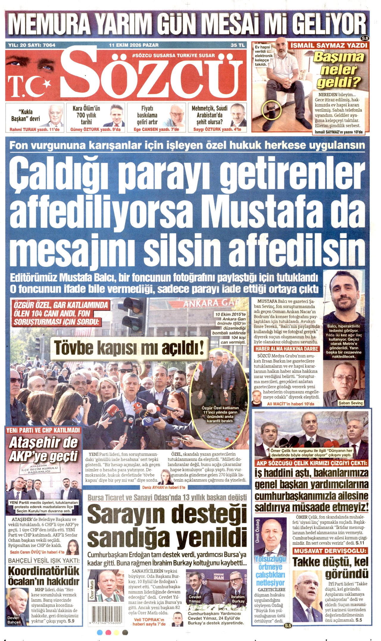 Sözcü Gazetesi 11 Ekim 2026 Pazar Manşeti Büyük Boyut