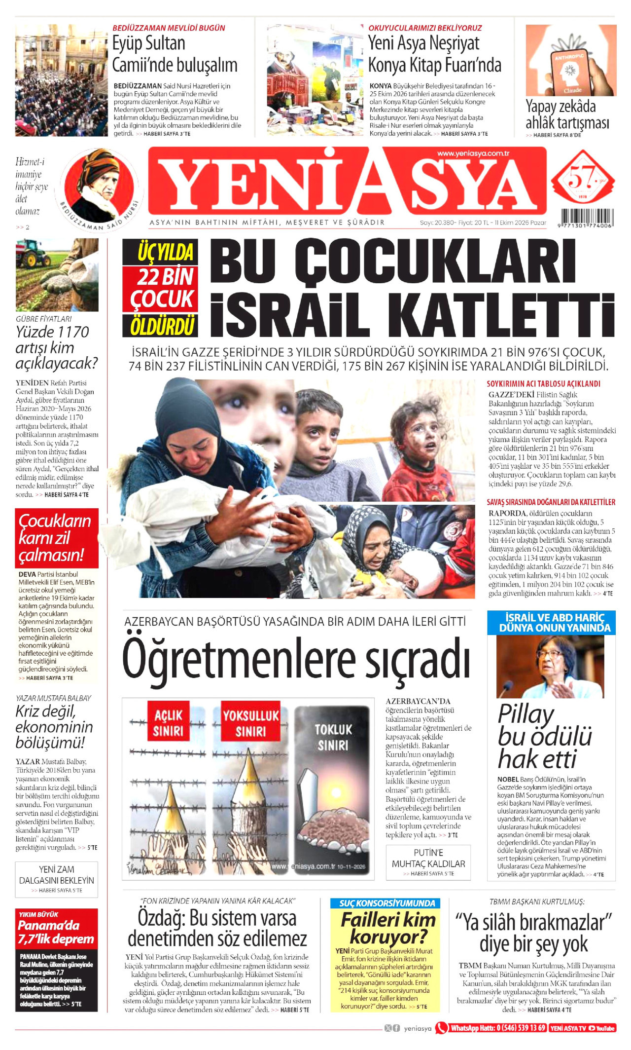 Yeni Asya Gazetesi 11 Ekim 2026 Pazar Manşeti Büyük Boyut