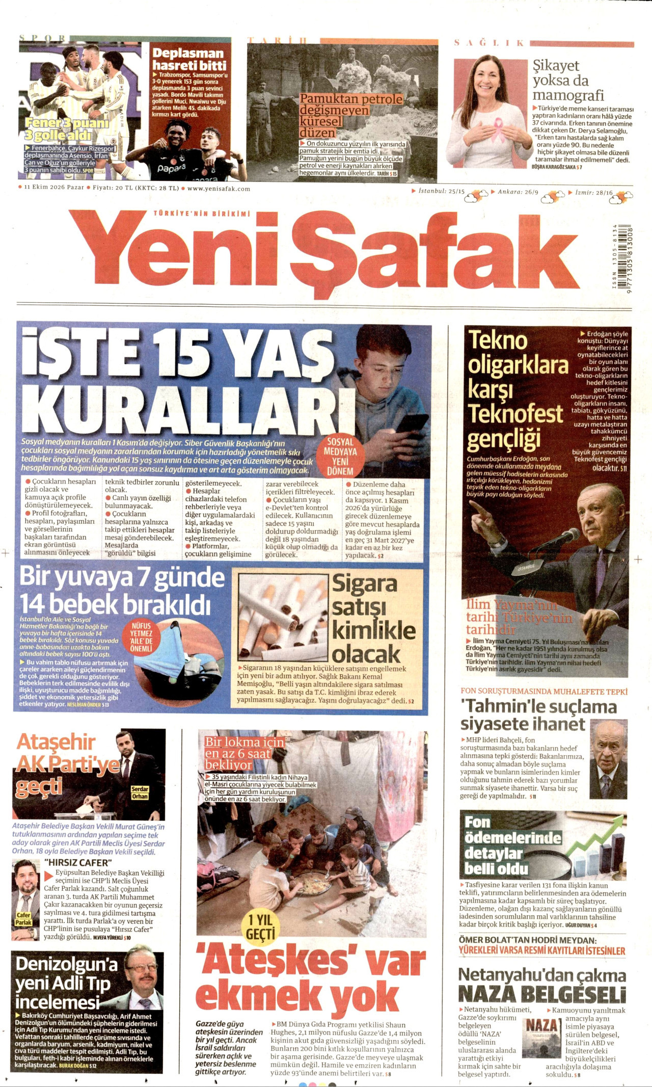 Yeni Şafak Gazetesi 11 Ekim 2026 Pazar Manşeti Büyük Boyut