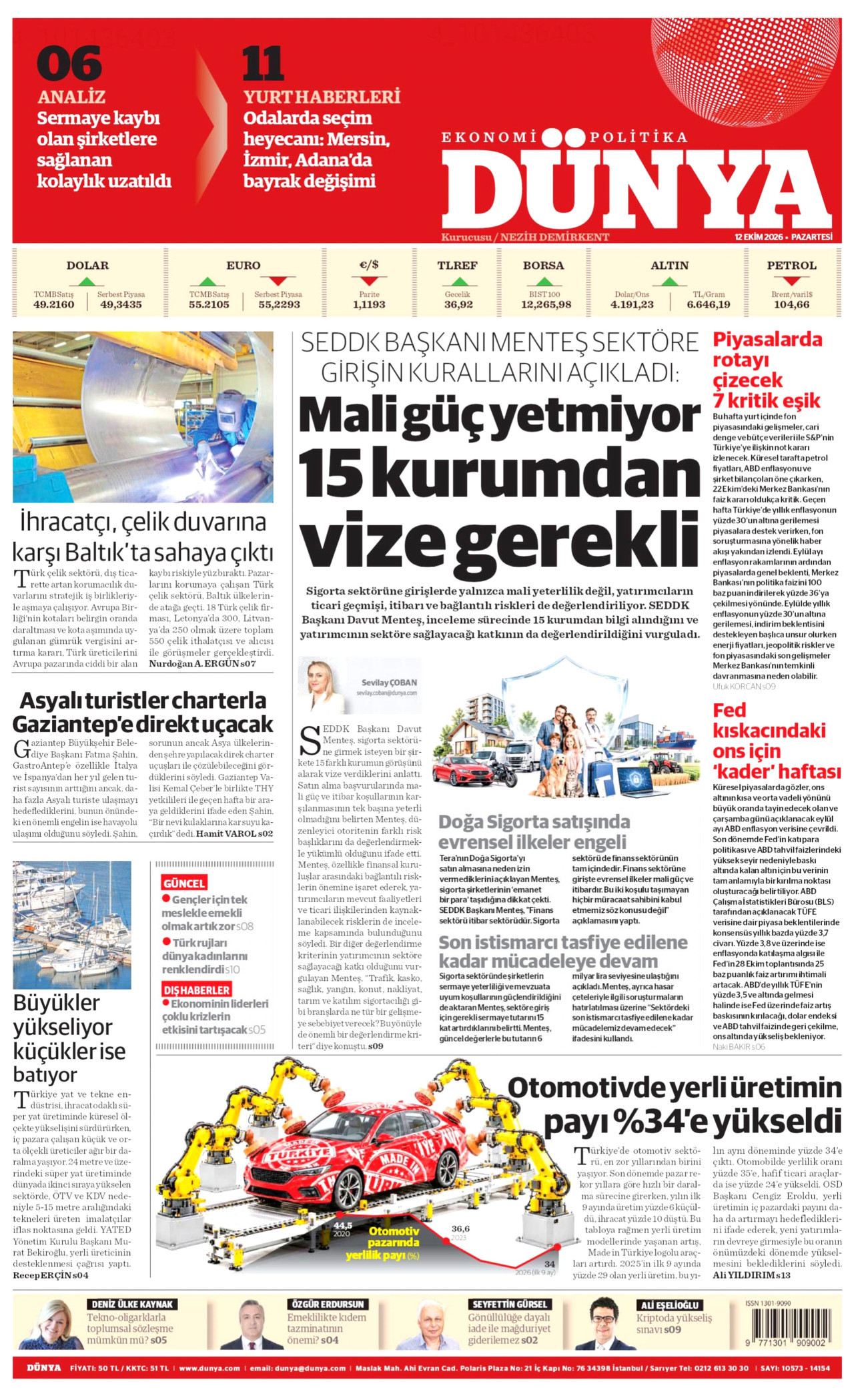 Dünya Gazetesi 12 Ekim 2026 Pazartesi Manşeti Büyük Boyut
