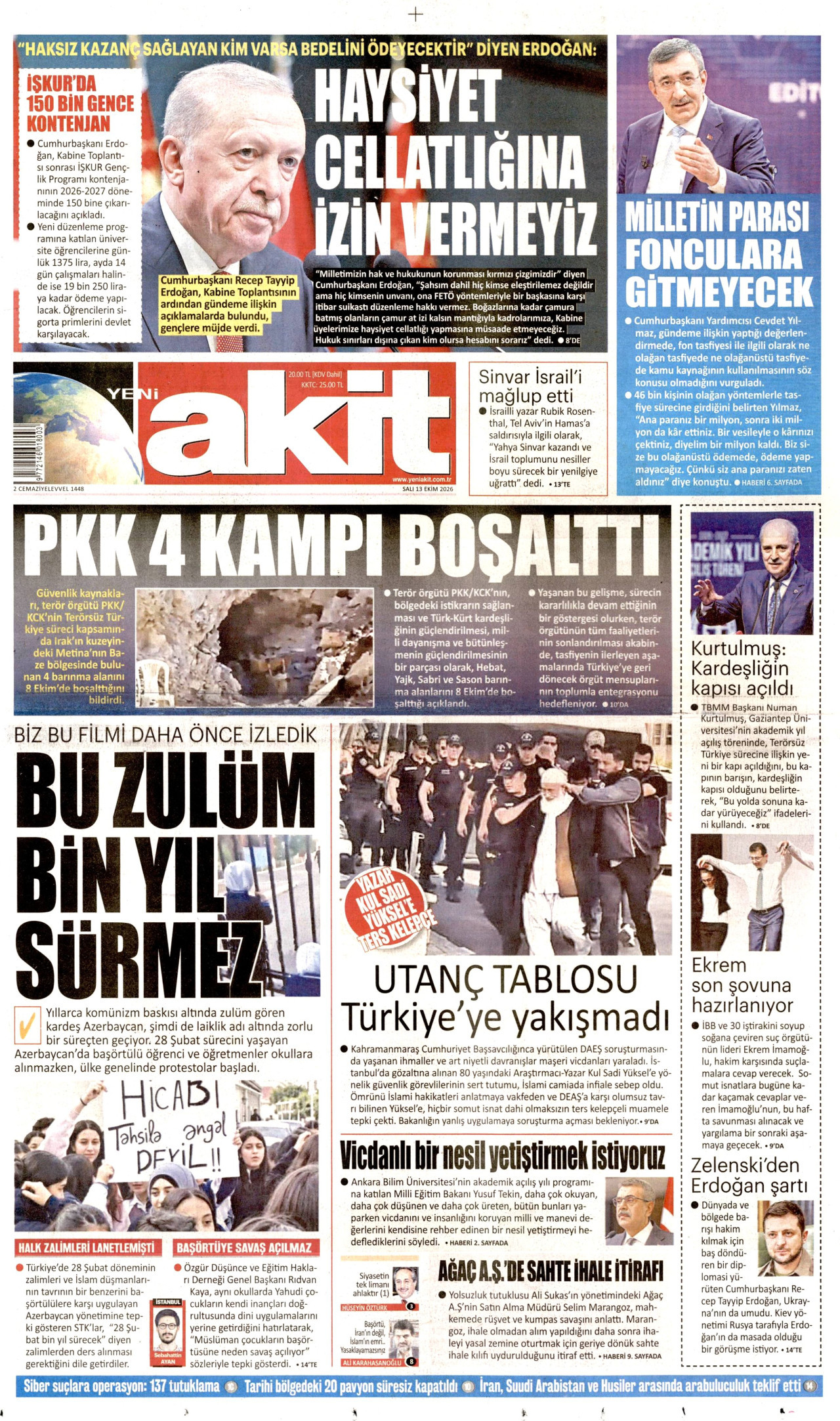 Yeni Akit Gazetesi 13 Ekim 2026 Salı Manşeti Büyük Boyut