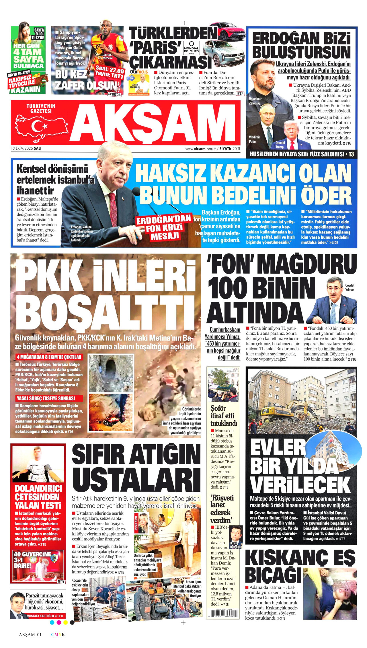 Akşam Gazetesi 13 Ekim 2026 Salı Manşeti Büyük Boyut