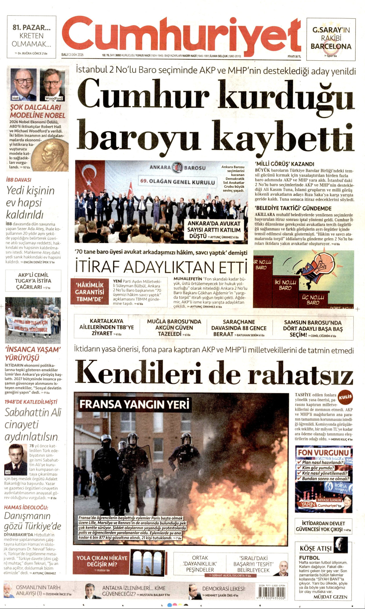 Cumhuriyet Gazetesi 13 Ekim 2026 Salı Manşeti Büyük Boyut
