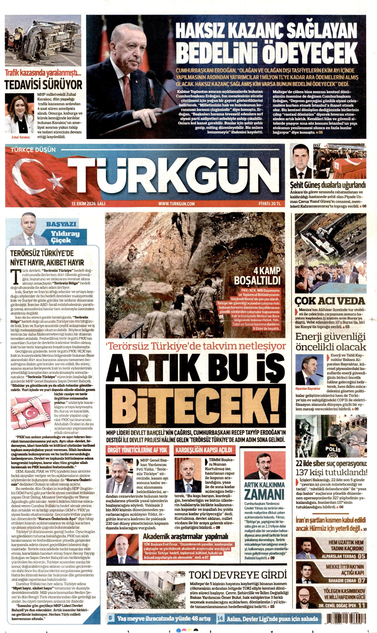 Türkgün Gazetesi 13 Ekim 2026 Salı Manşeti Büyük Boyut