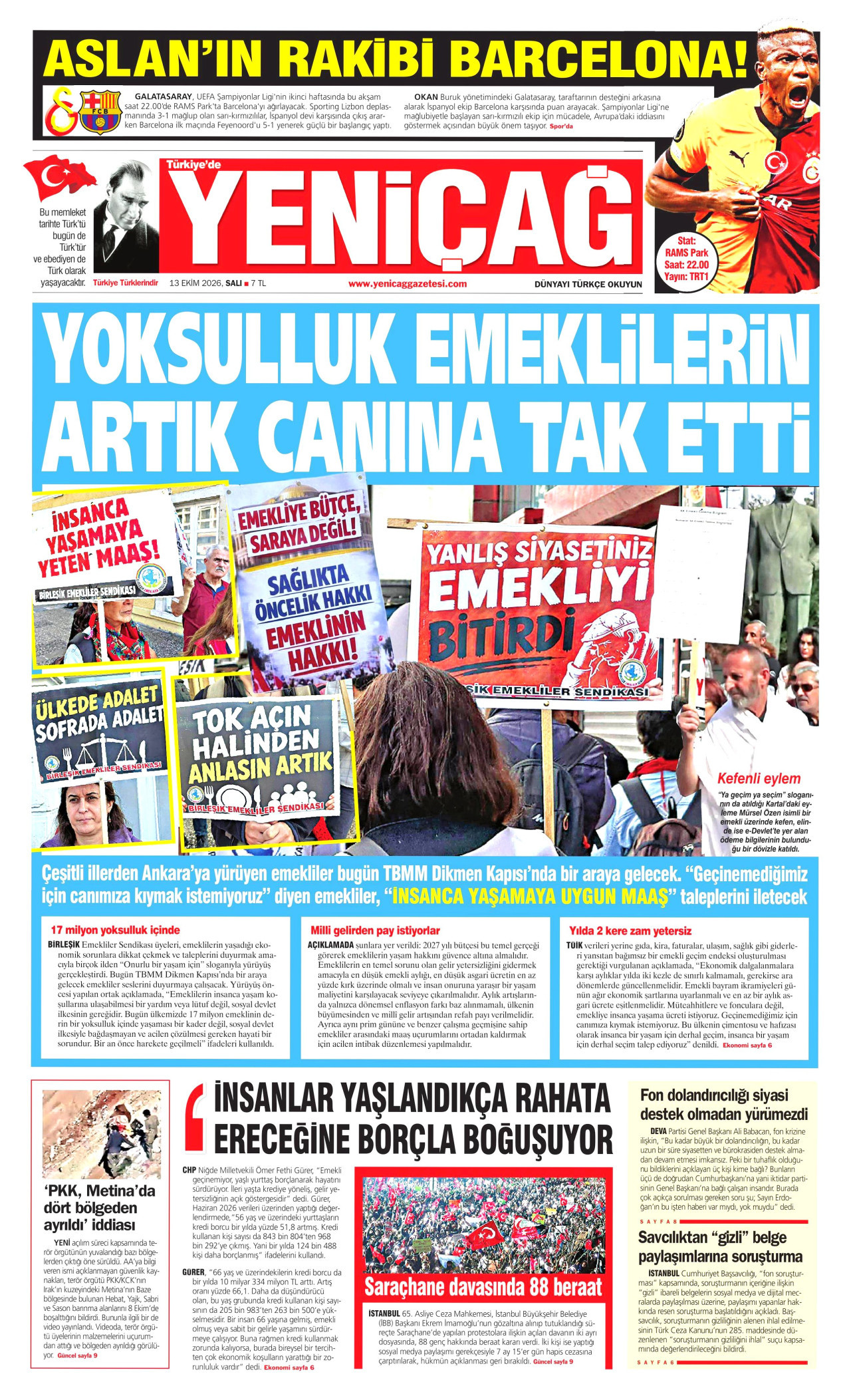 Yeniçağ Gazetesi 13 Ekim 2026 Salı Manşeti Büyük Boyut