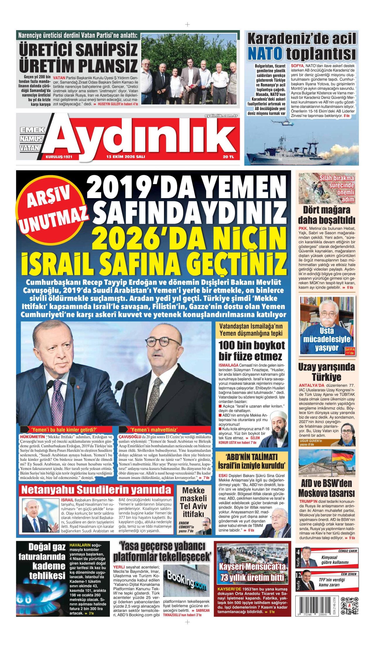 Aydınlık Gazetesi 14 Ekim 2026 Çarşamba Manşeti Büyük Boyut