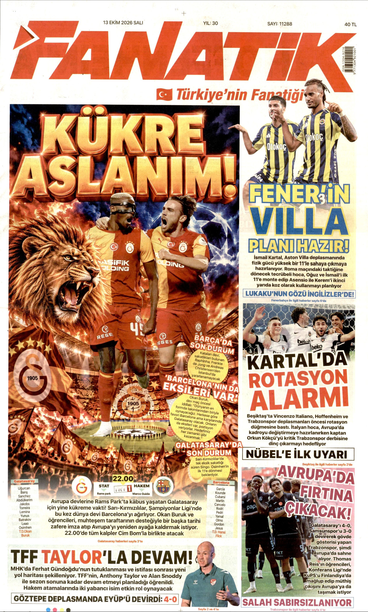 Fanatik Gazetesi 14 Ekim 2026 Çarşamba Manşeti Büyük Boyut