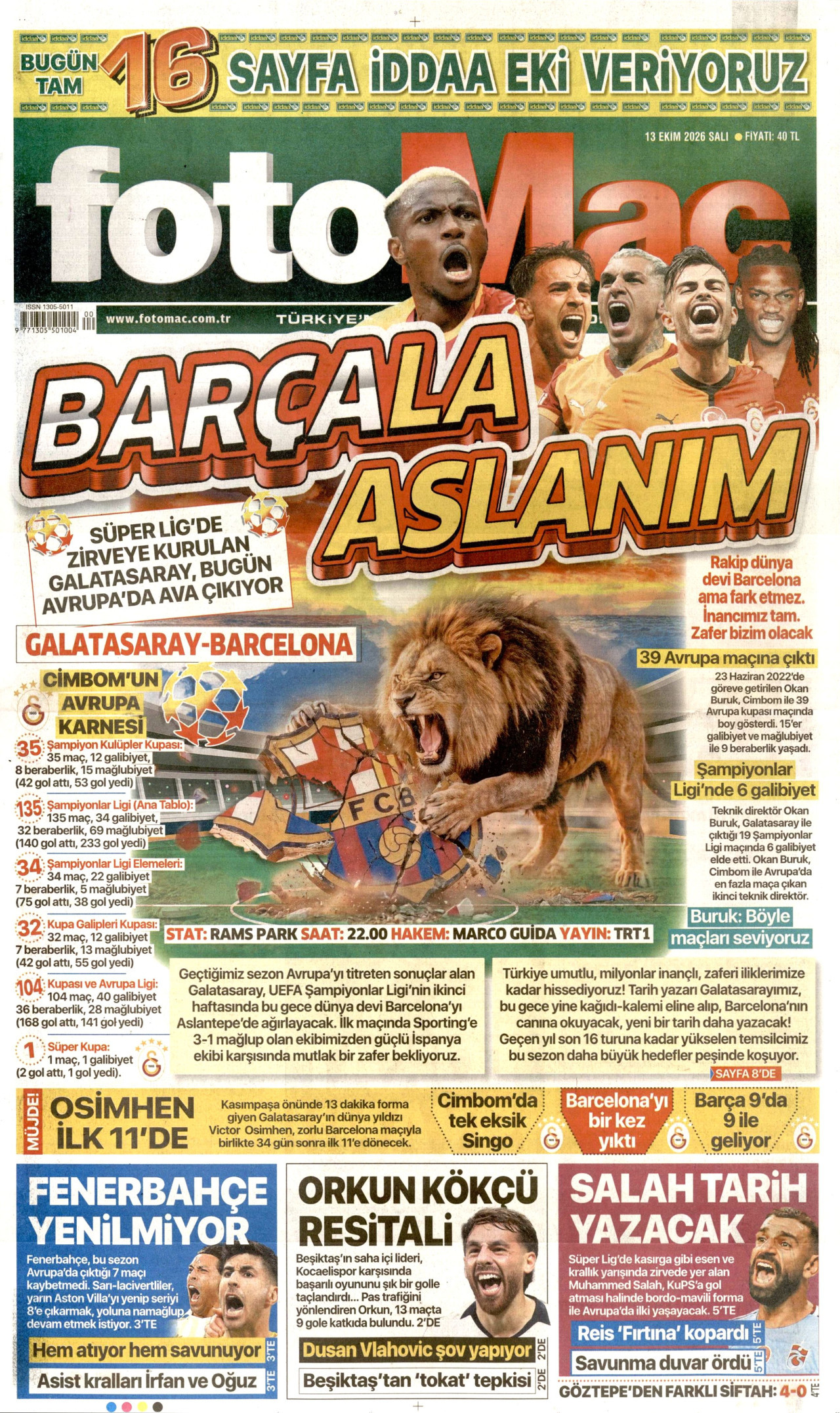 Fotomaç Gazetesi 14 Ekim 2026 Çarşamba Manşeti Büyük Boyut