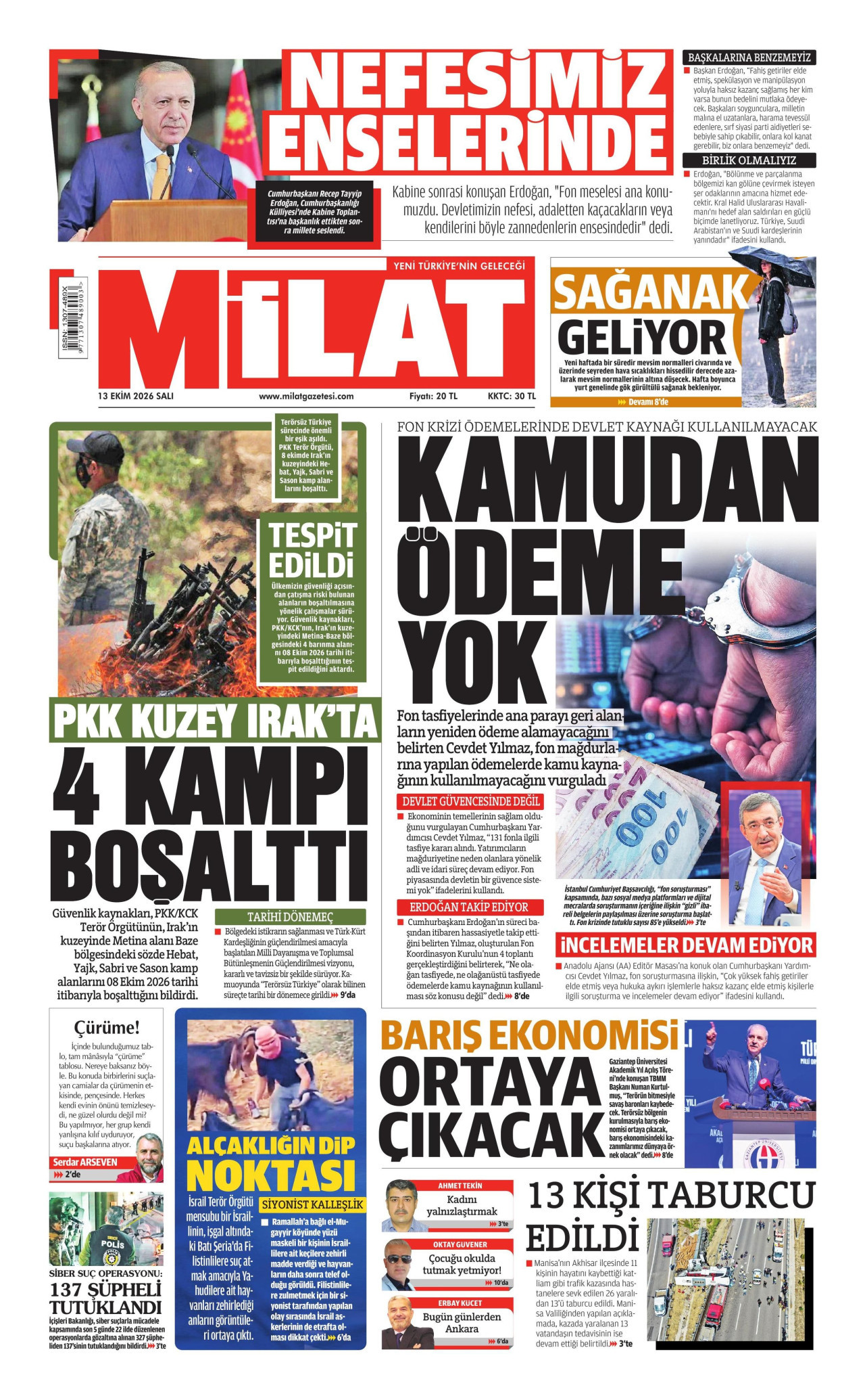 Milat Gazetesi 14 Ekim 2026 Çarşamba Manşeti Büyük Boyut