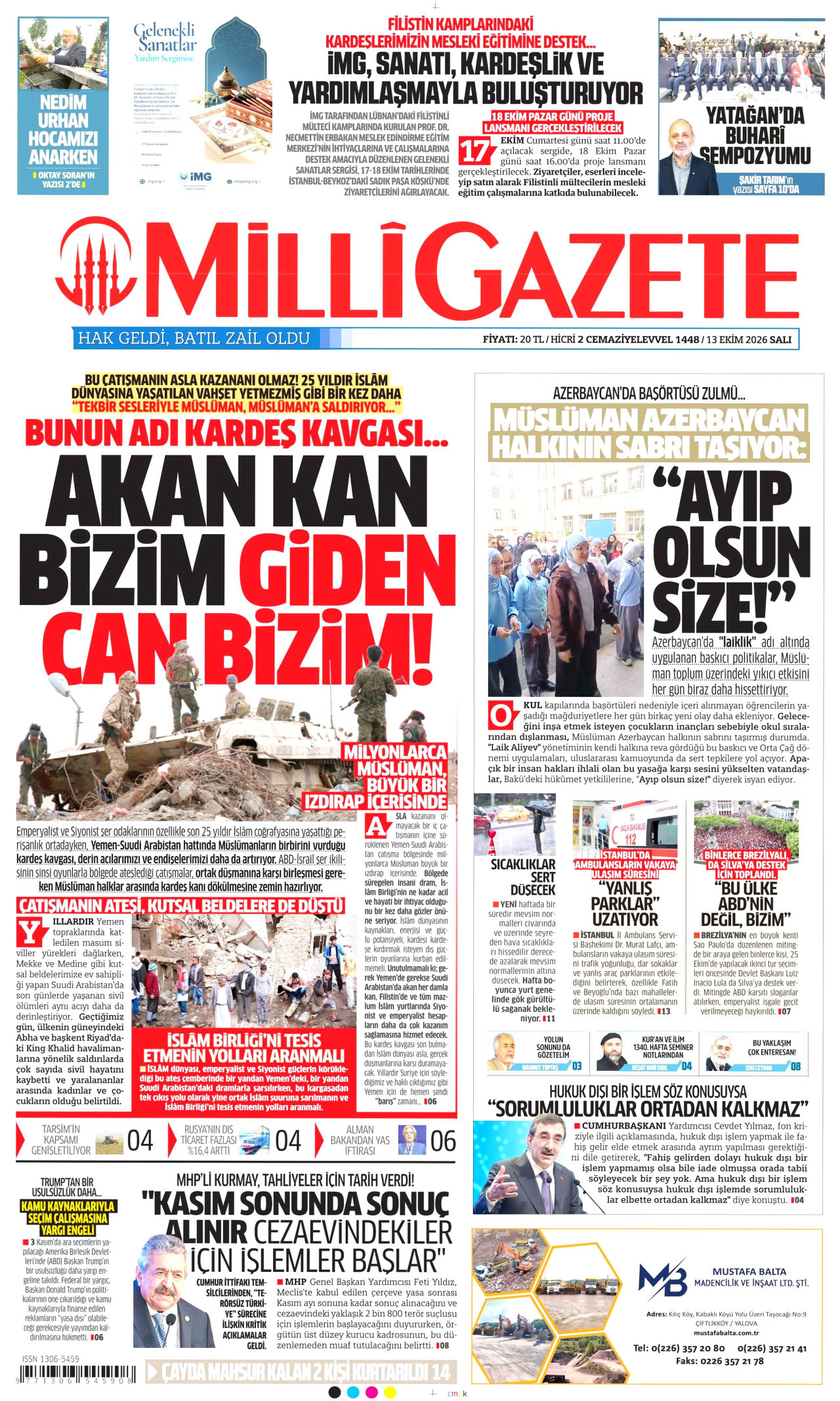 Milli Gazete Gazetesi 14 Ekim 2026 Çarşamba Manşeti Büyük Boyut