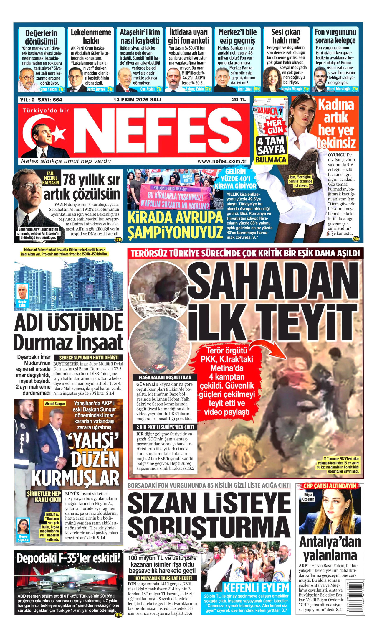 Nefes Gazetesi 14 Ekim 2026 Çarşamba Manşeti Büyük Boyut