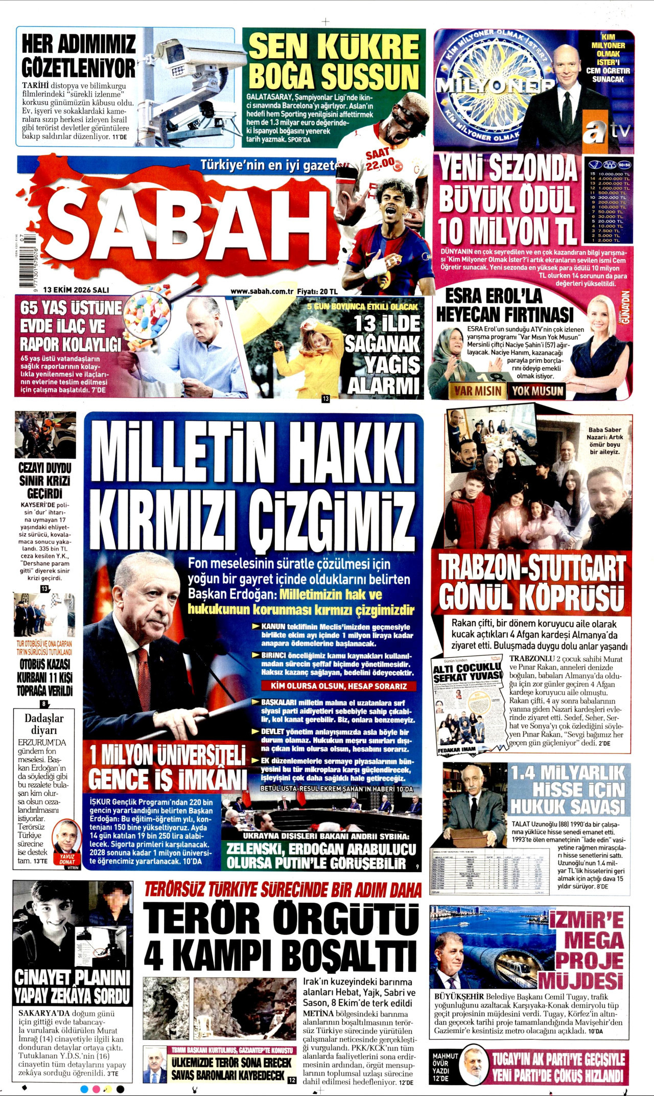Sabah Gazetesi 14 Ekim 2026 Çarşamba Manşeti Büyük Boyut