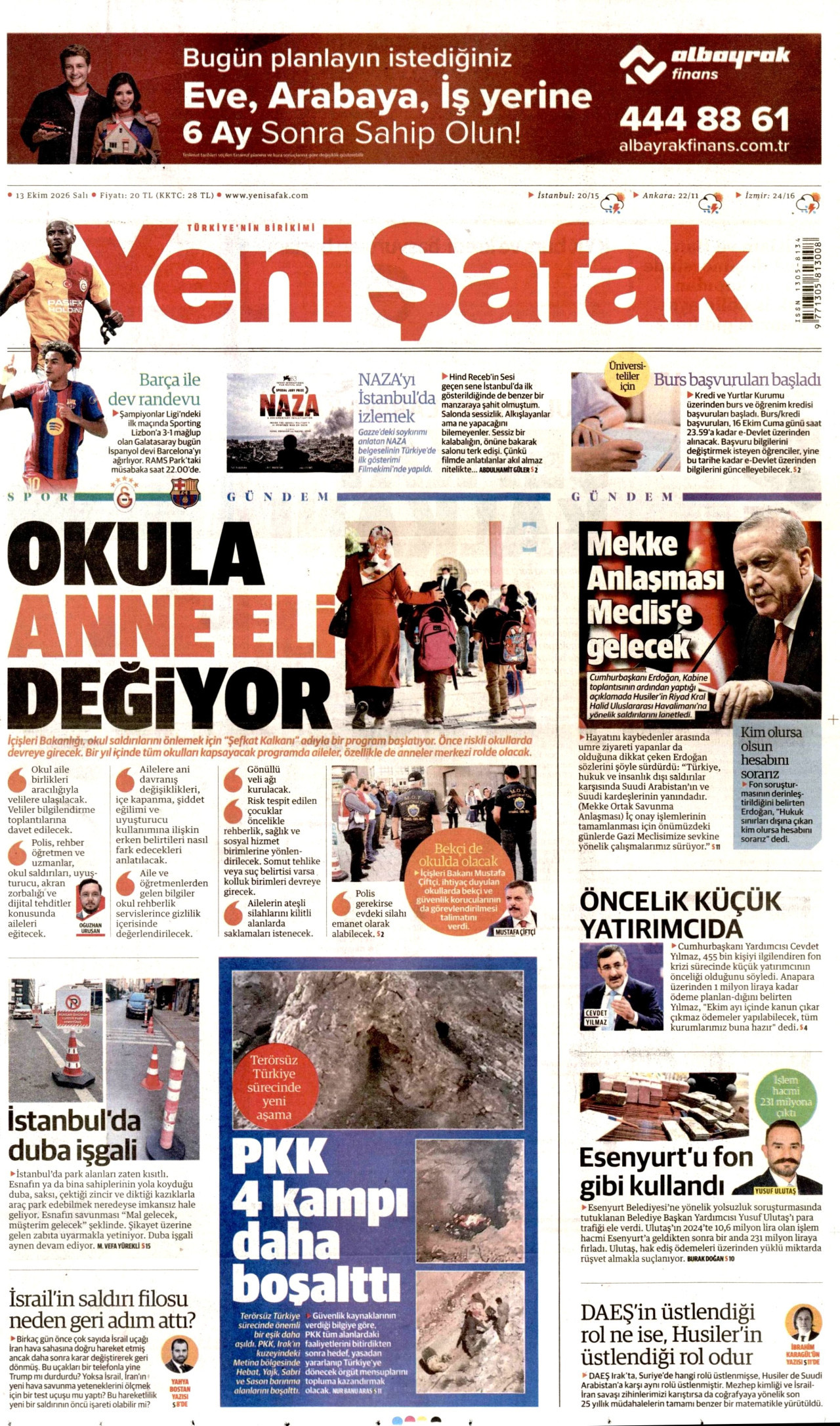 Yeni Şafak Gazetesi 14 Ekim 2026 Çarşamba Manşeti Büyük Boyut