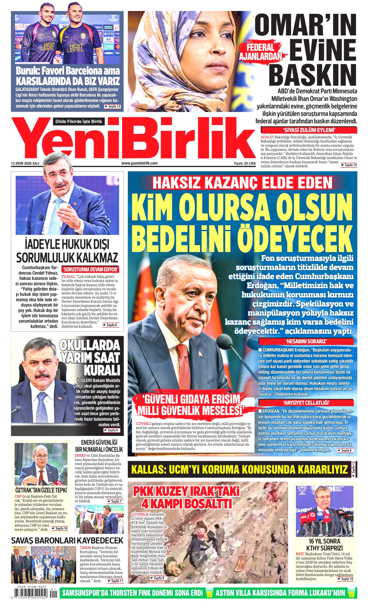 YeniBirlik Gazetesi 14 Ekim 2026 Çarşamba Manşeti Büyük Boyut