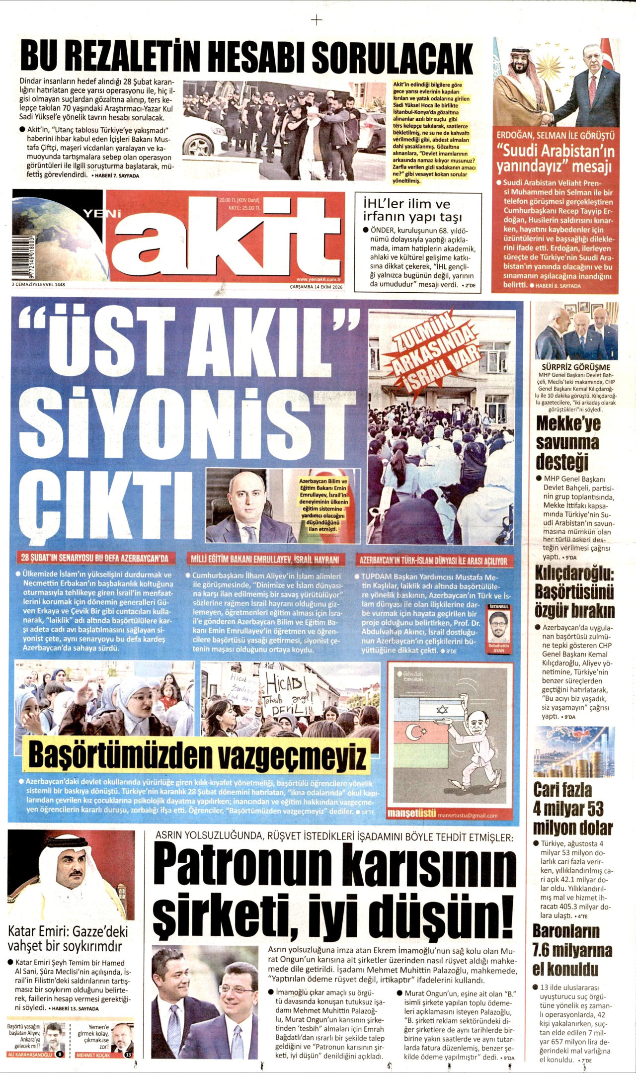 Yeni Akit Gazetesi 15 Ekim 2026 Perşembe Manşeti Büyük Boyut
