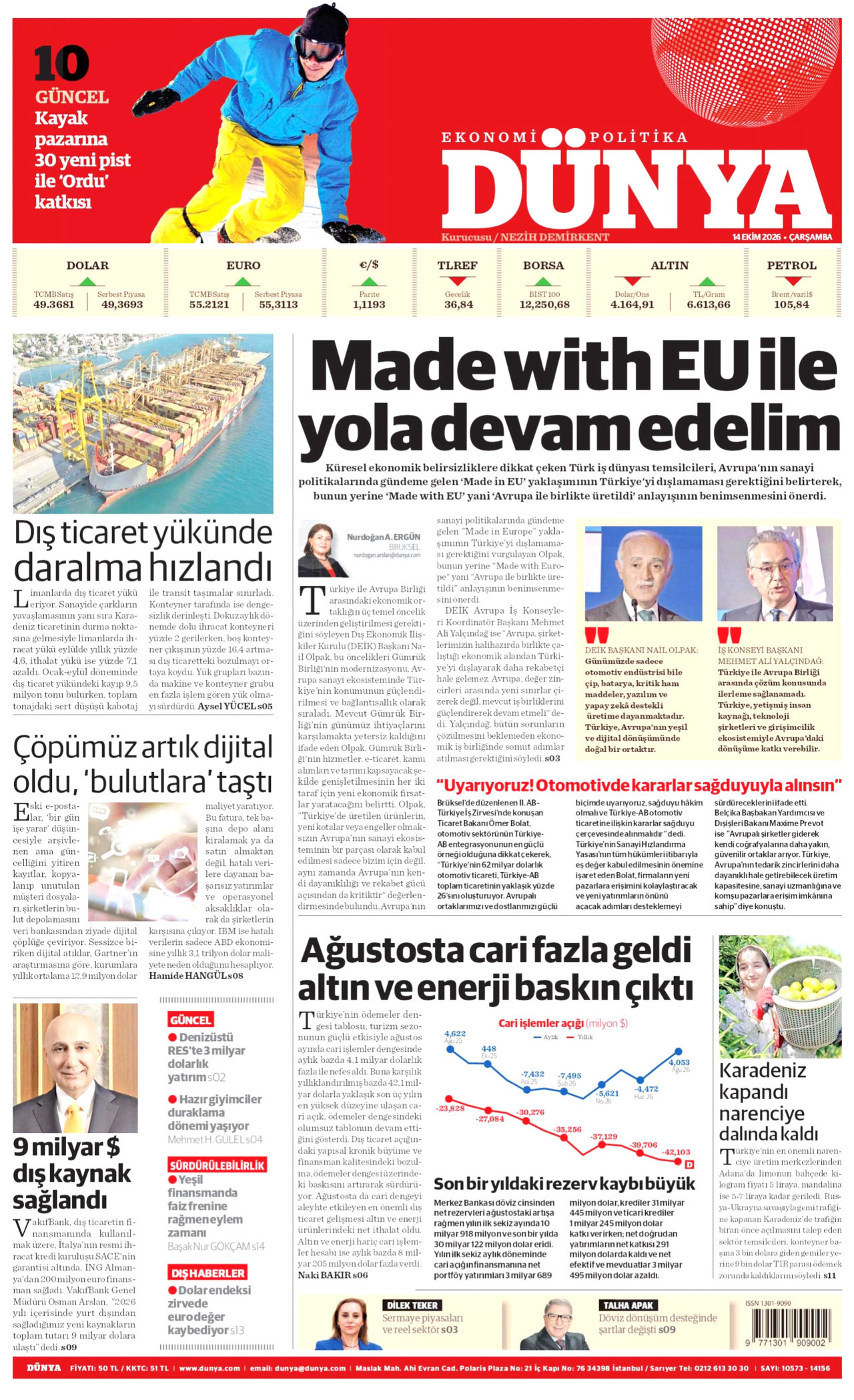 Dünya Gazetesi 15 Ekim 2026 Perşembe Manşeti Büyük Boyut