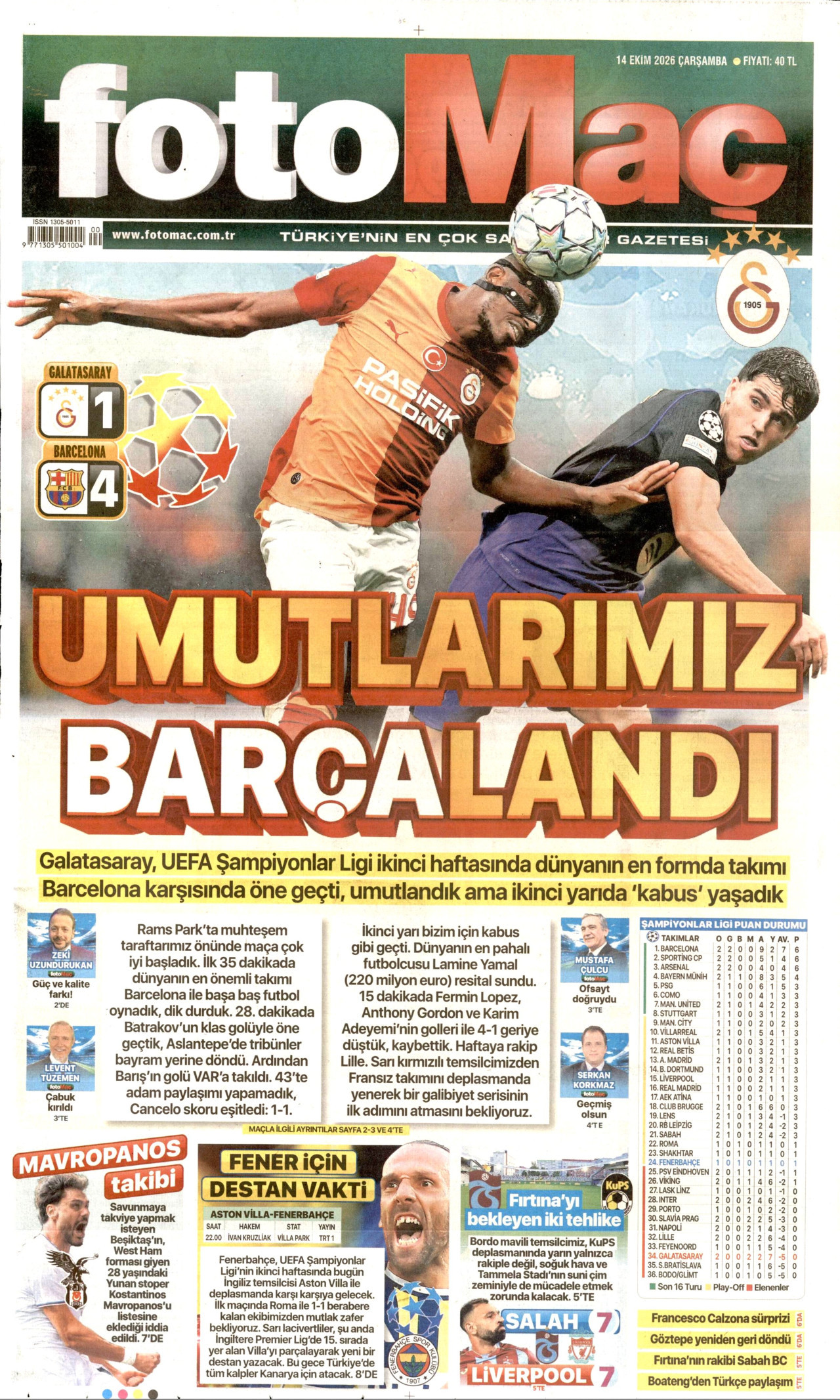Fotomaç Gazetesi 15 Ekim 2026 Perşembe Manşeti Büyük Boyut