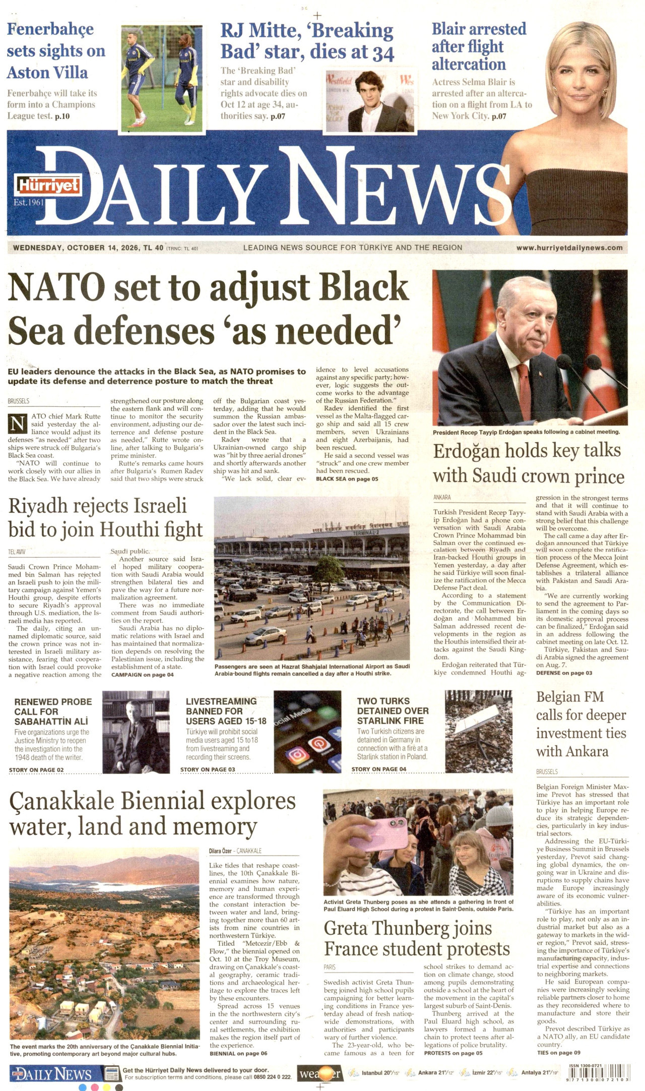 Hürriyet Daily News Gazetesi 15 Ekim 2026 Perşembe Manşeti Büyük Boyut
