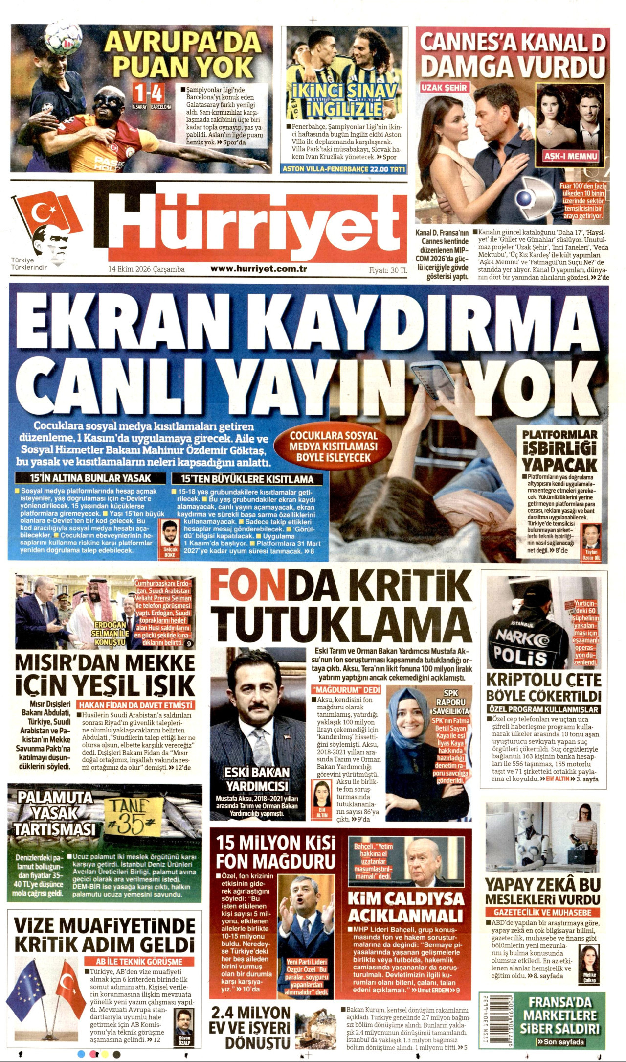 Hürriyet Gazetesi 15 Ekim 2026 Perşembe Manşeti Büyük Boyut