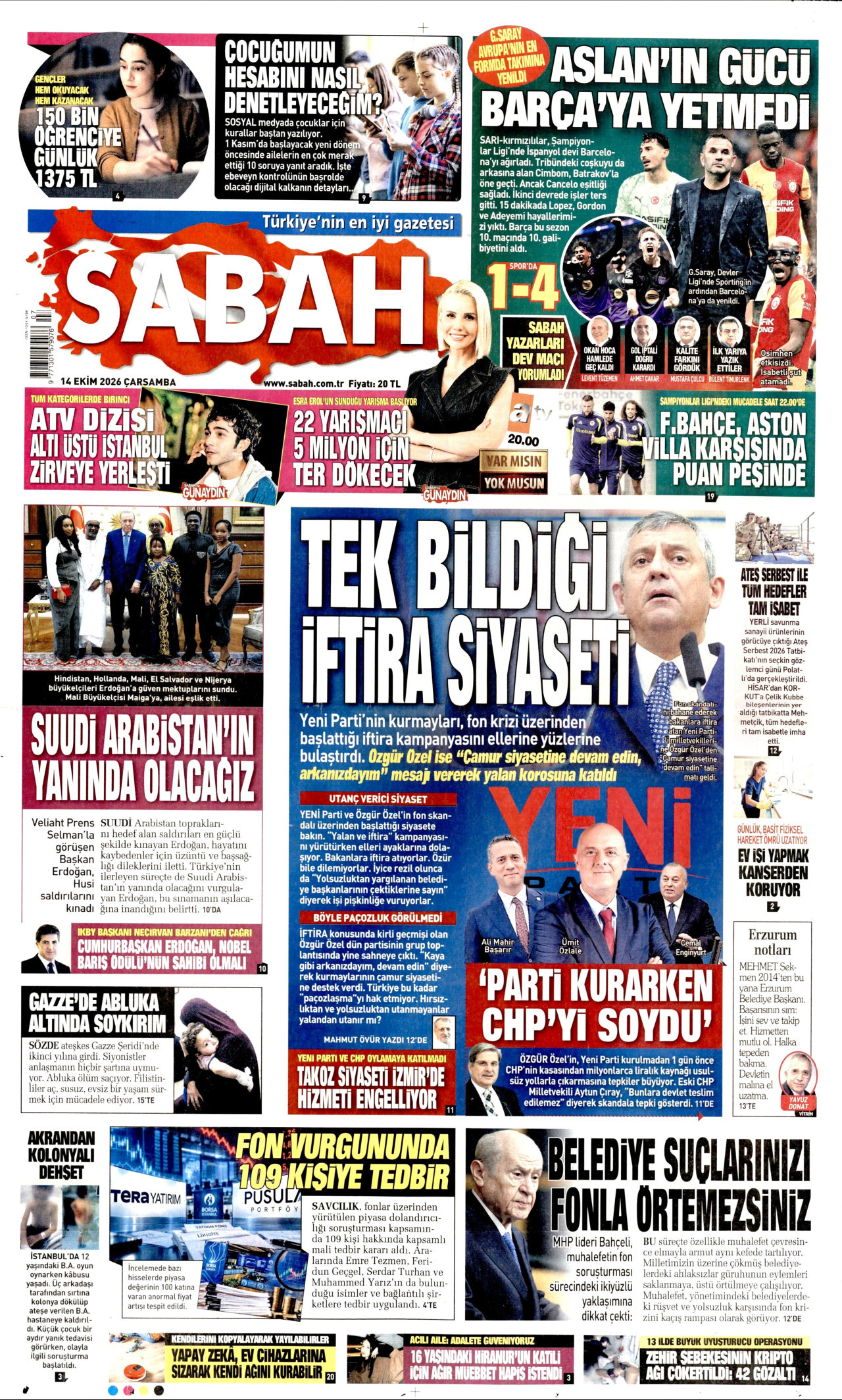 Sabah Gazetesi 15 Ekim 2026 Perşembe Manşeti Büyük Boyut