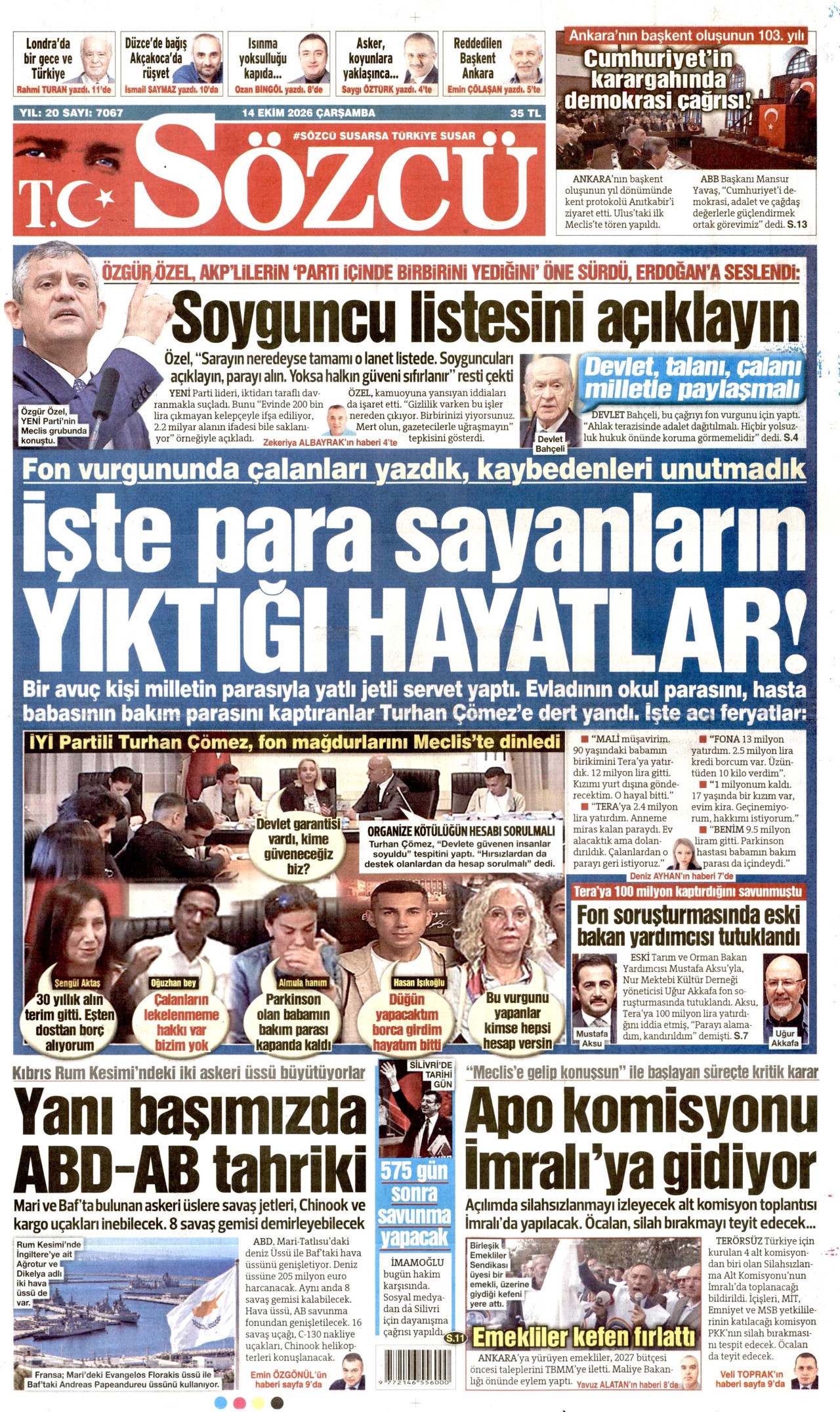 Sözcü Gazetesi 15 Ekim 2026 Perşembe Manşeti Büyük Boyut