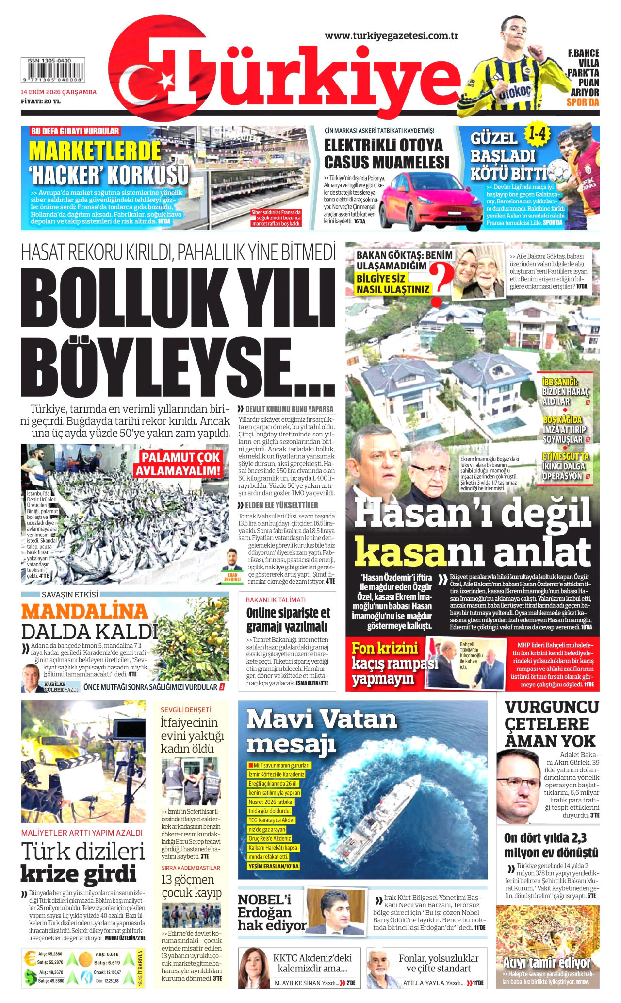 Türkiye Gazetesi 15 Ekim 2026 Perşembe Manşeti Büyük Boyut