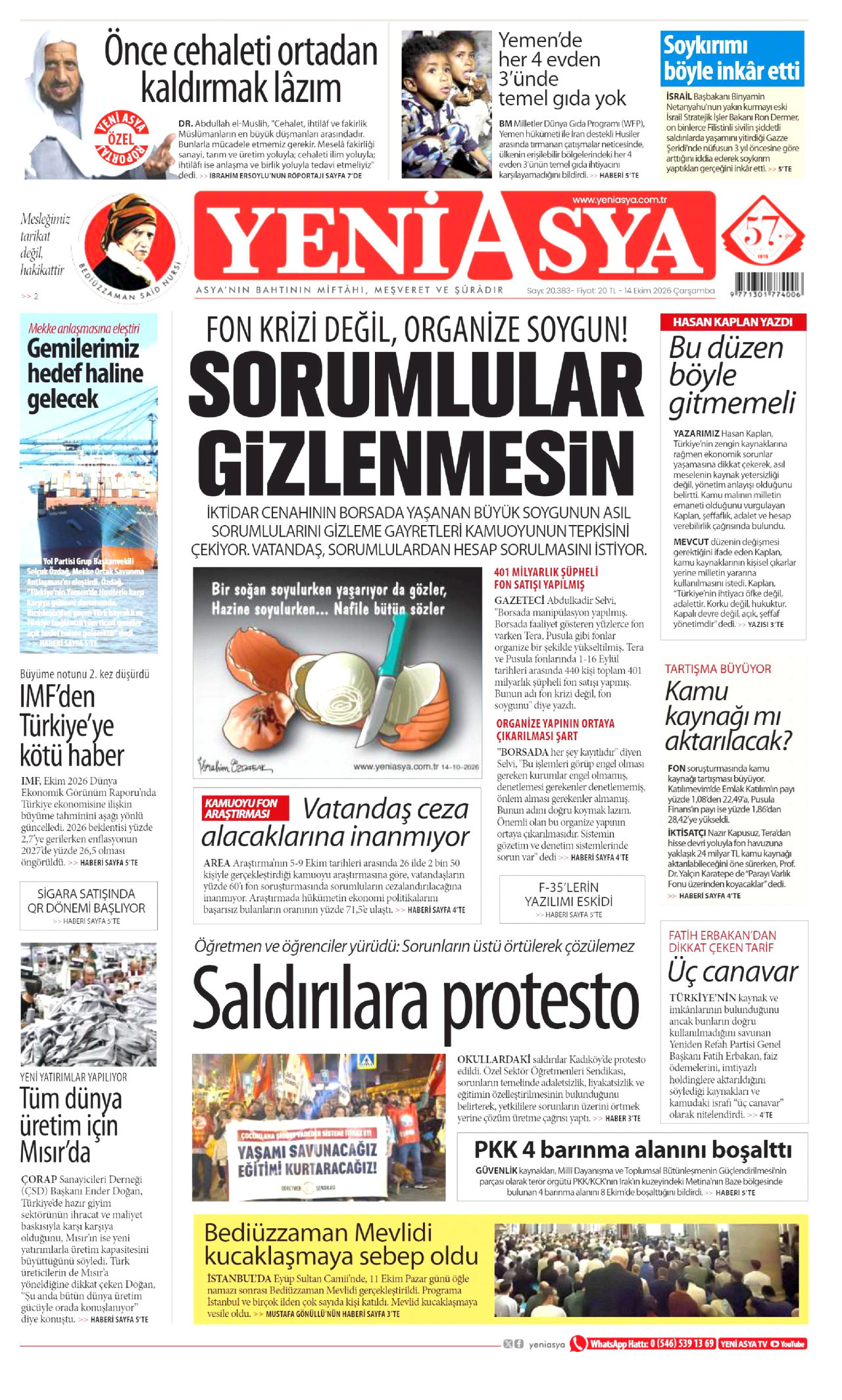 Yeni Asya Gazetesi 15 Ekim 2026 Perşembe Manşeti Büyük Boyut