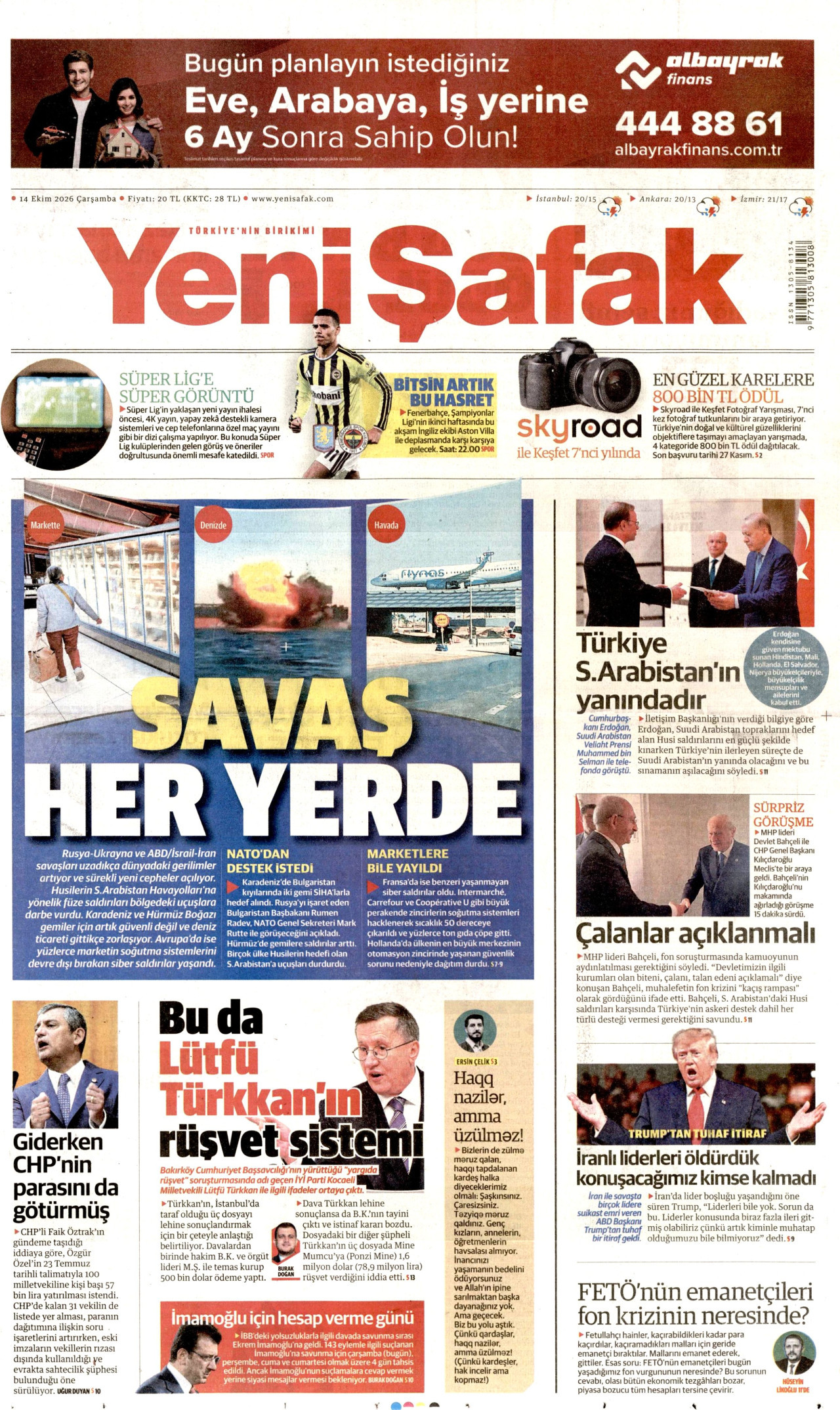 Yeni Şafak Gazetesi 15 Ekim 2026 Perşembe Manşeti Büyük Boyut