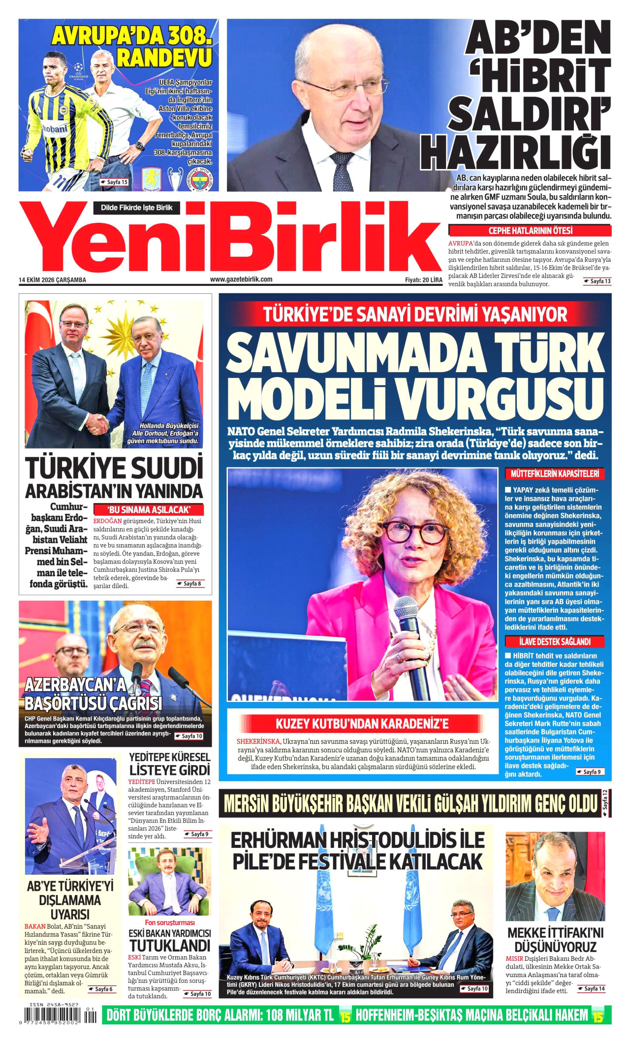 YeniBirlik Gazetesi 15 Ekim 2026 Perşembe Manşeti Büyük Boyut