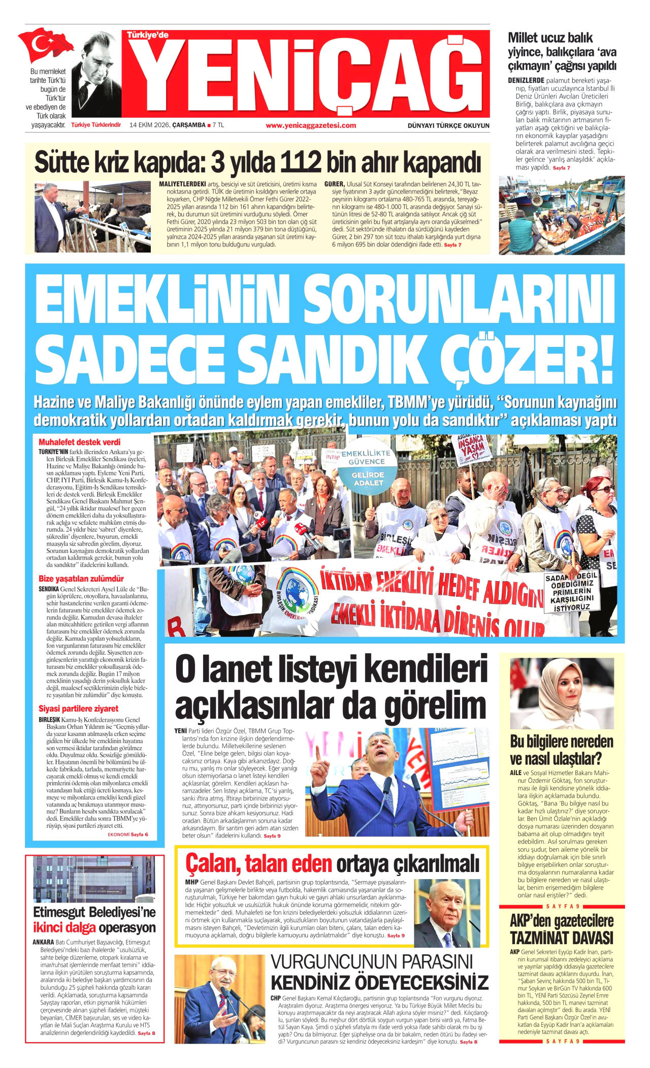 Yeniçağ Gazetesi 15 Ekim 2026 Perşembe Manşeti Büyük Boyut