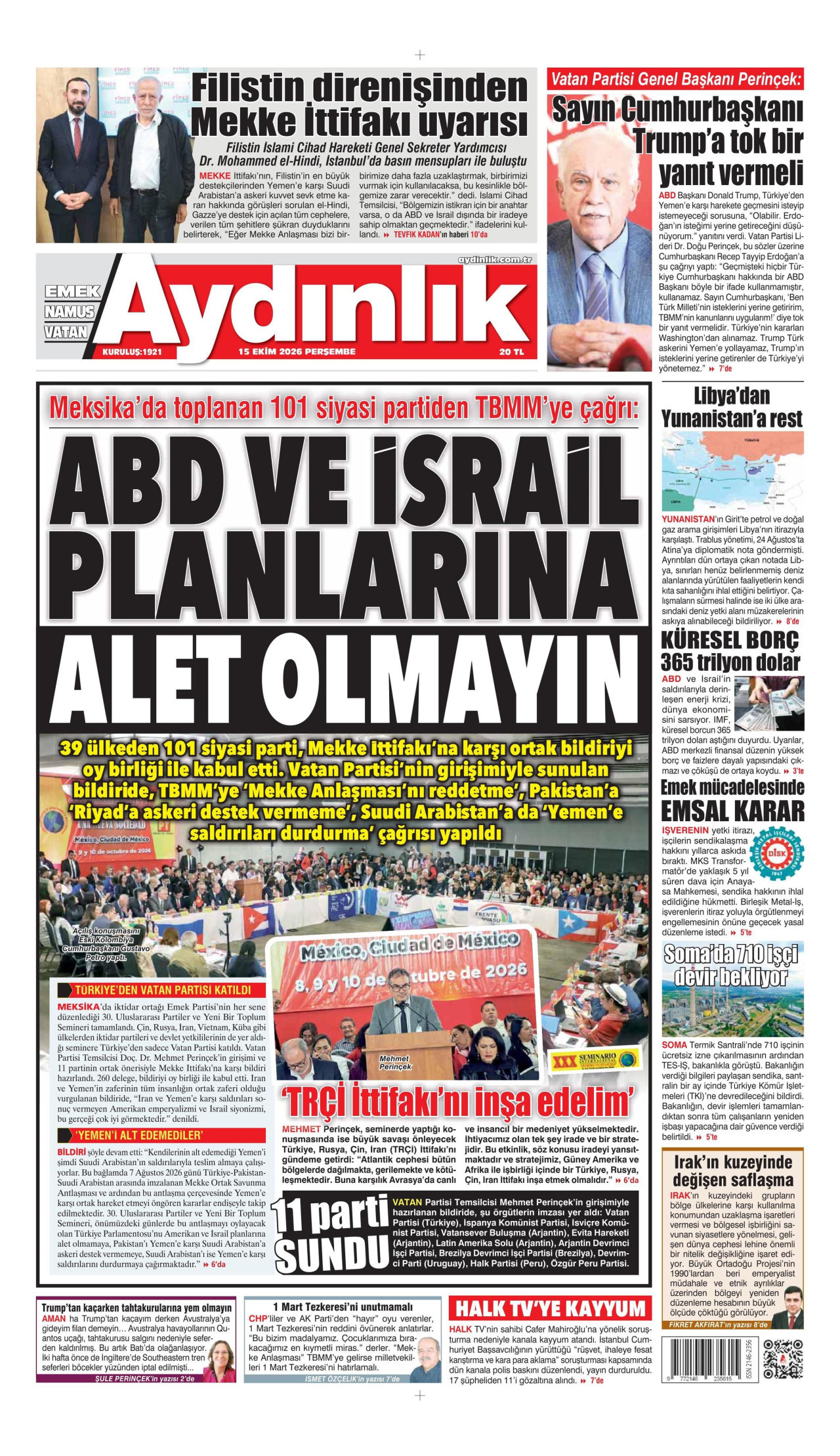 Aydınlık Gazetesi 16 Ekim 2026 Cuma Manşeti Büyük Boyut