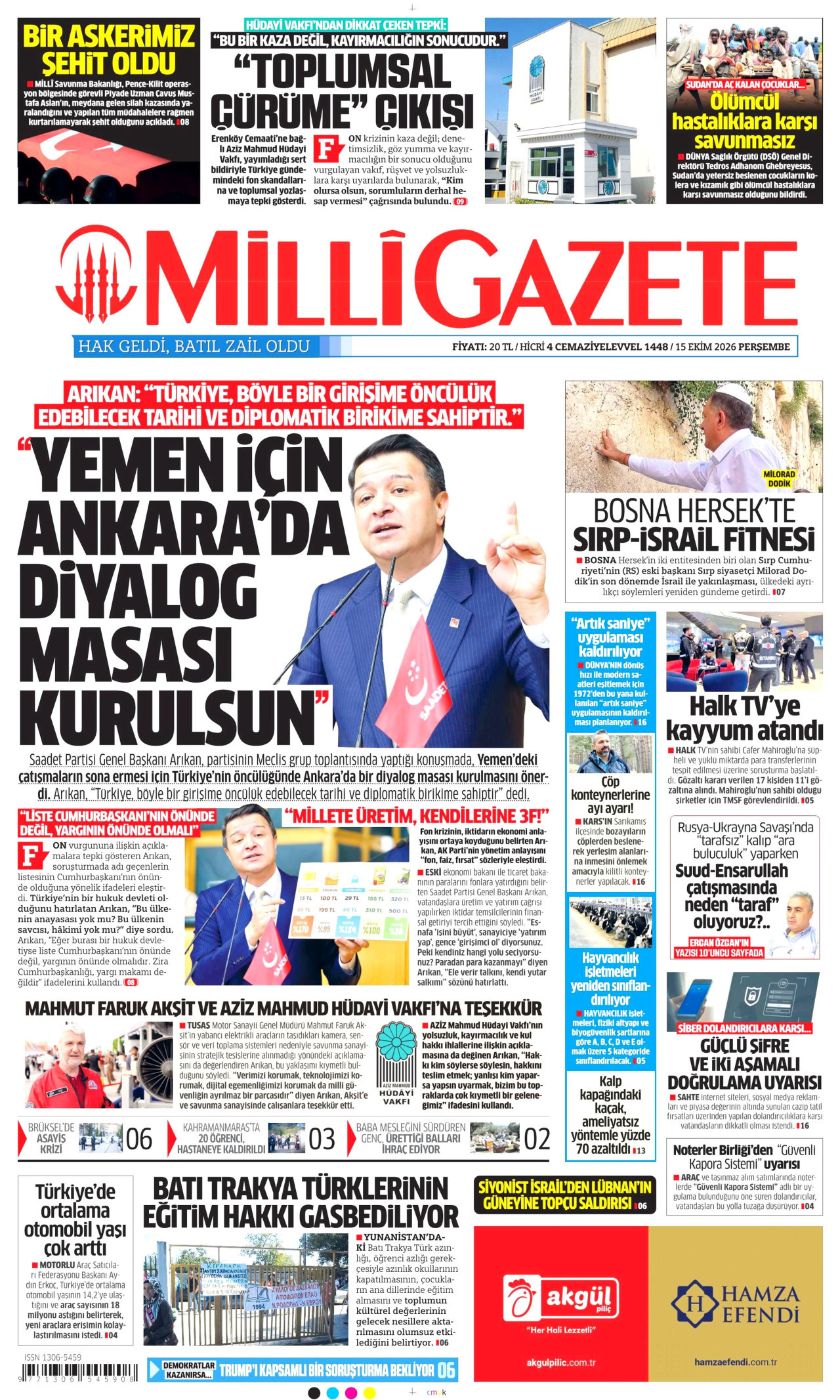 Milli Gazete Gazetesi 16 Ekim 2026 Cuma Manşeti Büyük Boyut