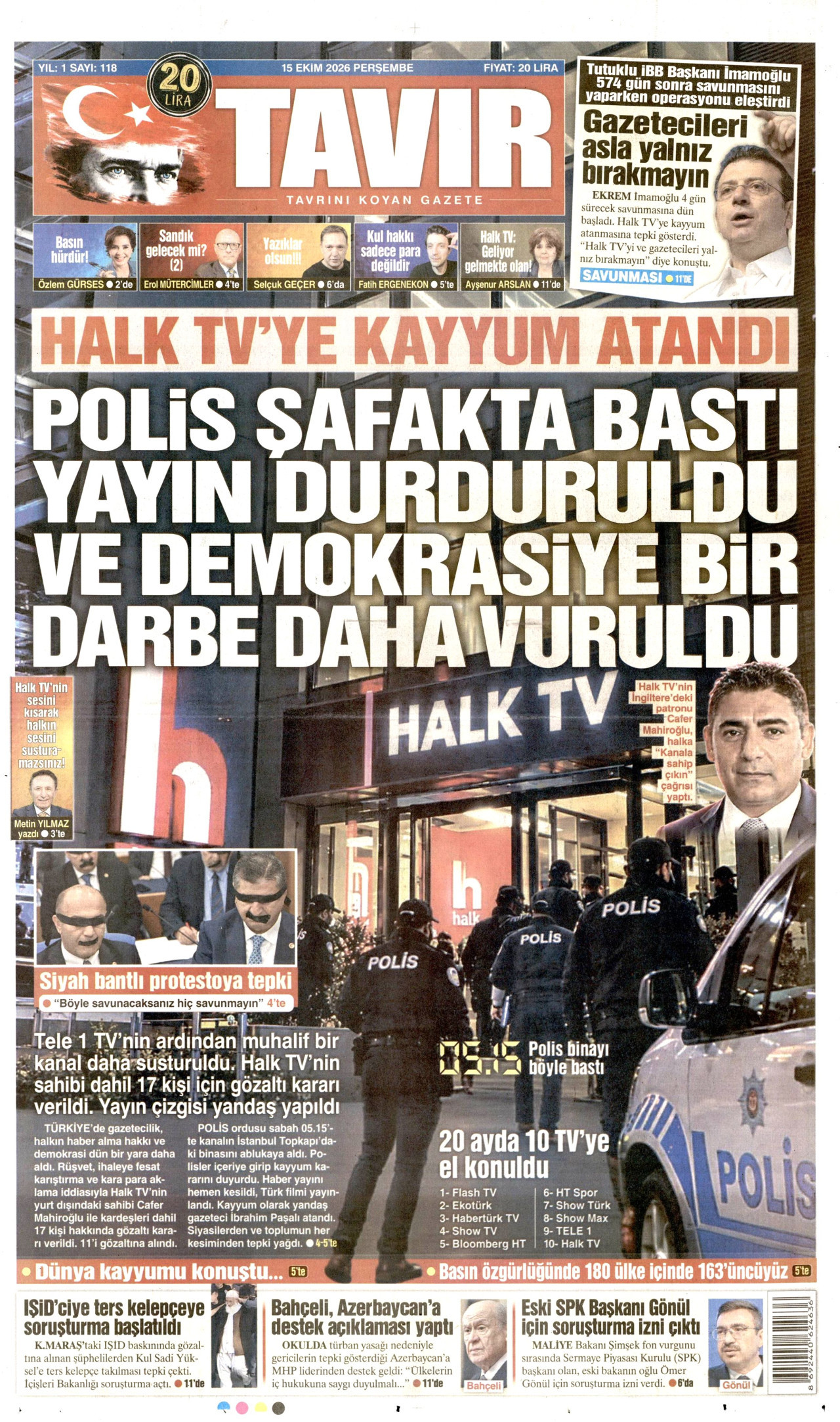 Tavır Gazetesi 16 Ekim 2026 Cuma Manşeti Büyük Boyut