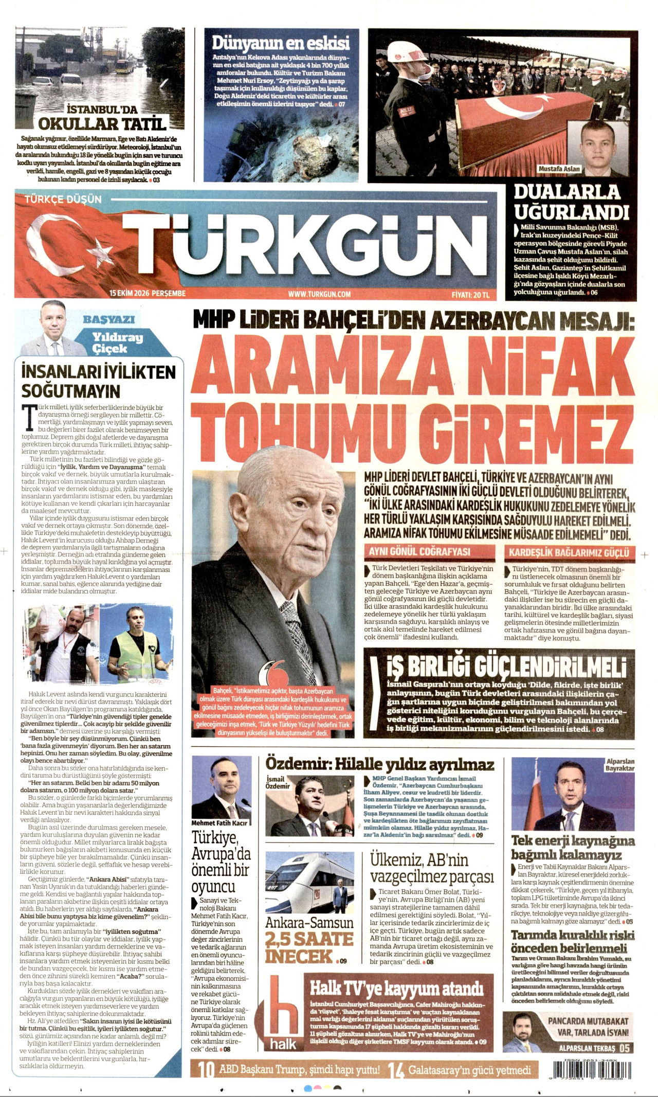 Türkgün Gazetesi 16 Ekim 2026 Cuma Manşeti Büyük Boyut