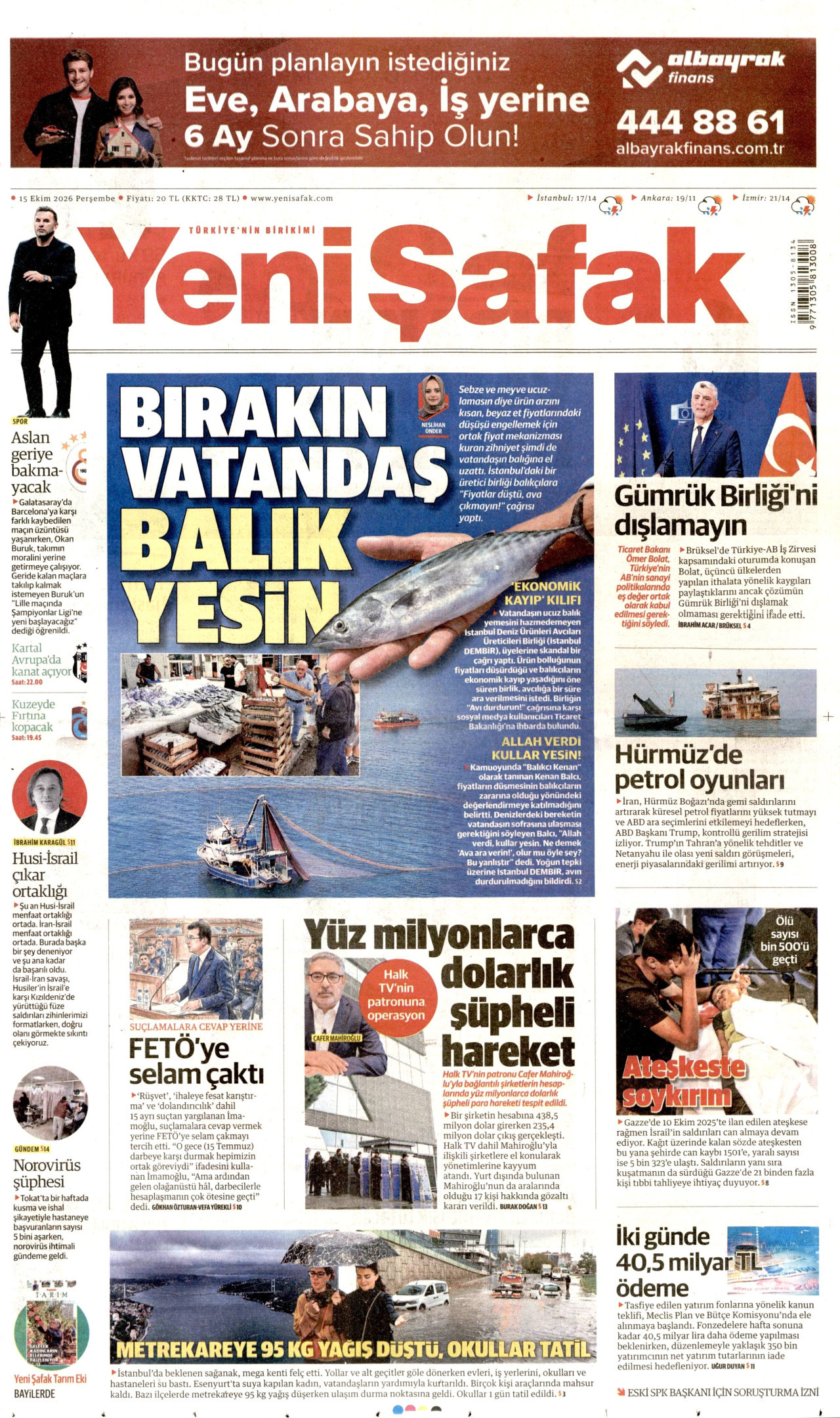 Yeni Şafak Gazetesi 16 Ekim 2026 Cuma Manşeti Büyük Boyut