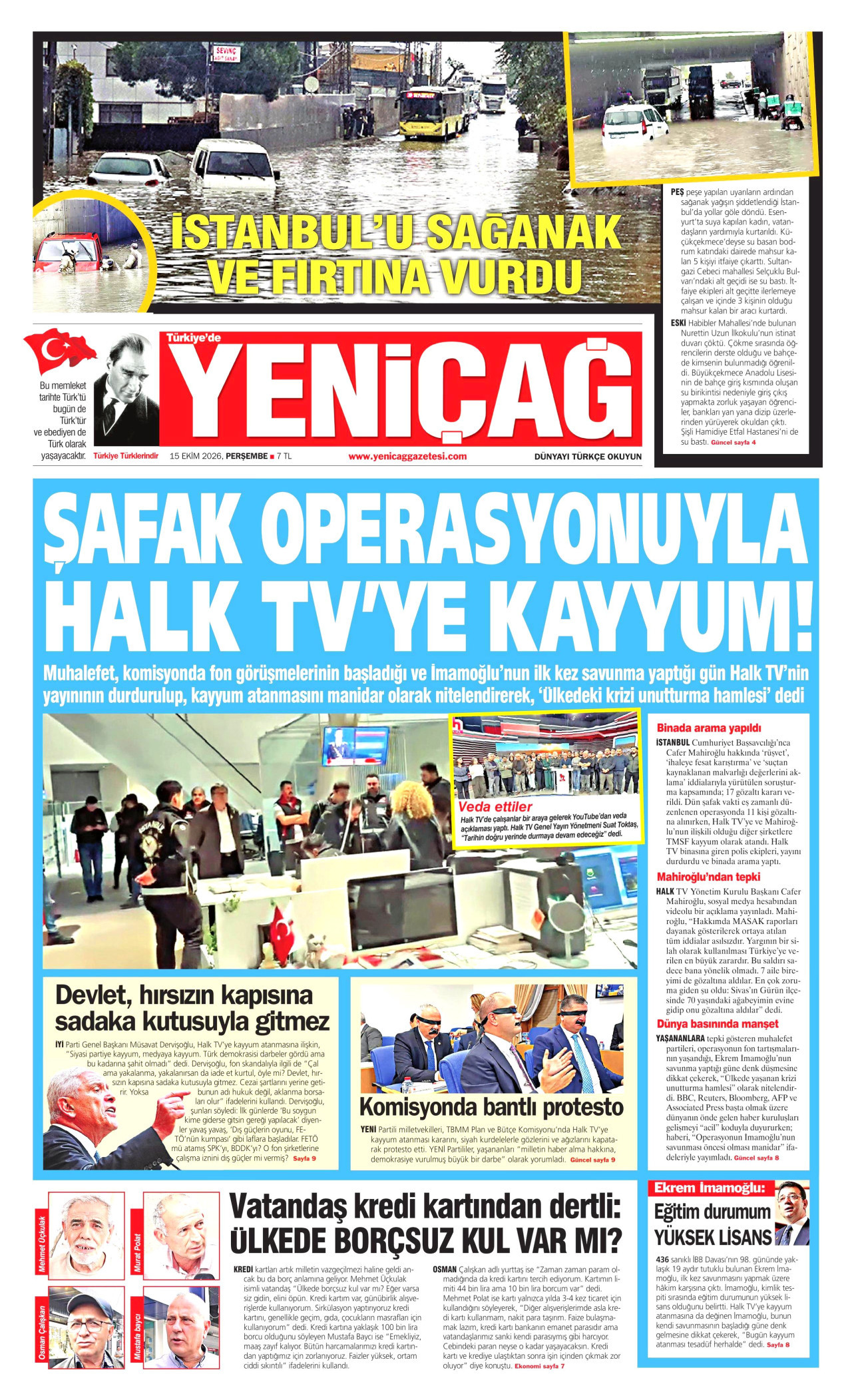 Yeniçağ Gazetesi 16 Ekim 2026 Cuma Manşeti Büyük Boyut