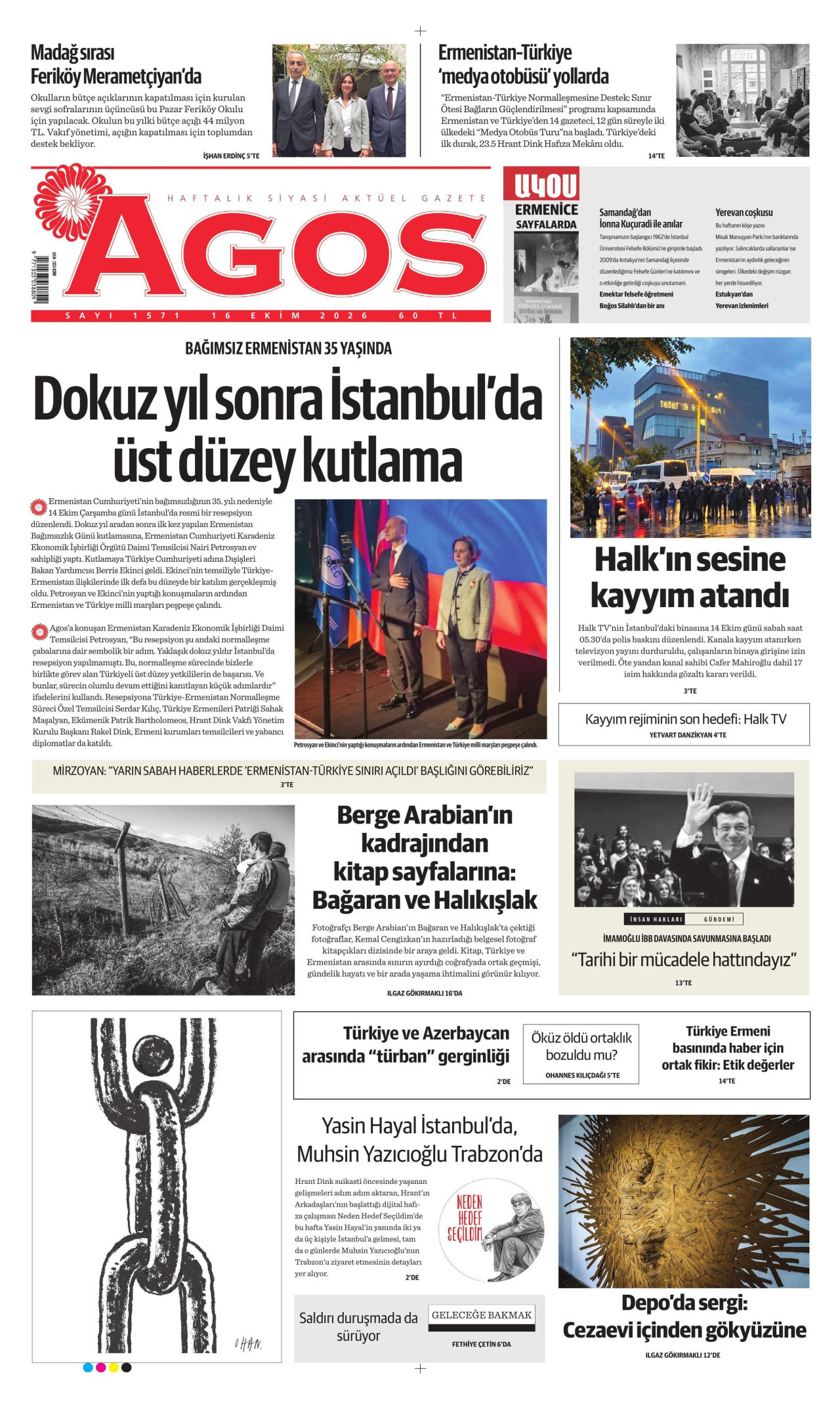Agos Gazetesi 17 Ekim 2026 Cumartesi Manşeti Büyük Boyut