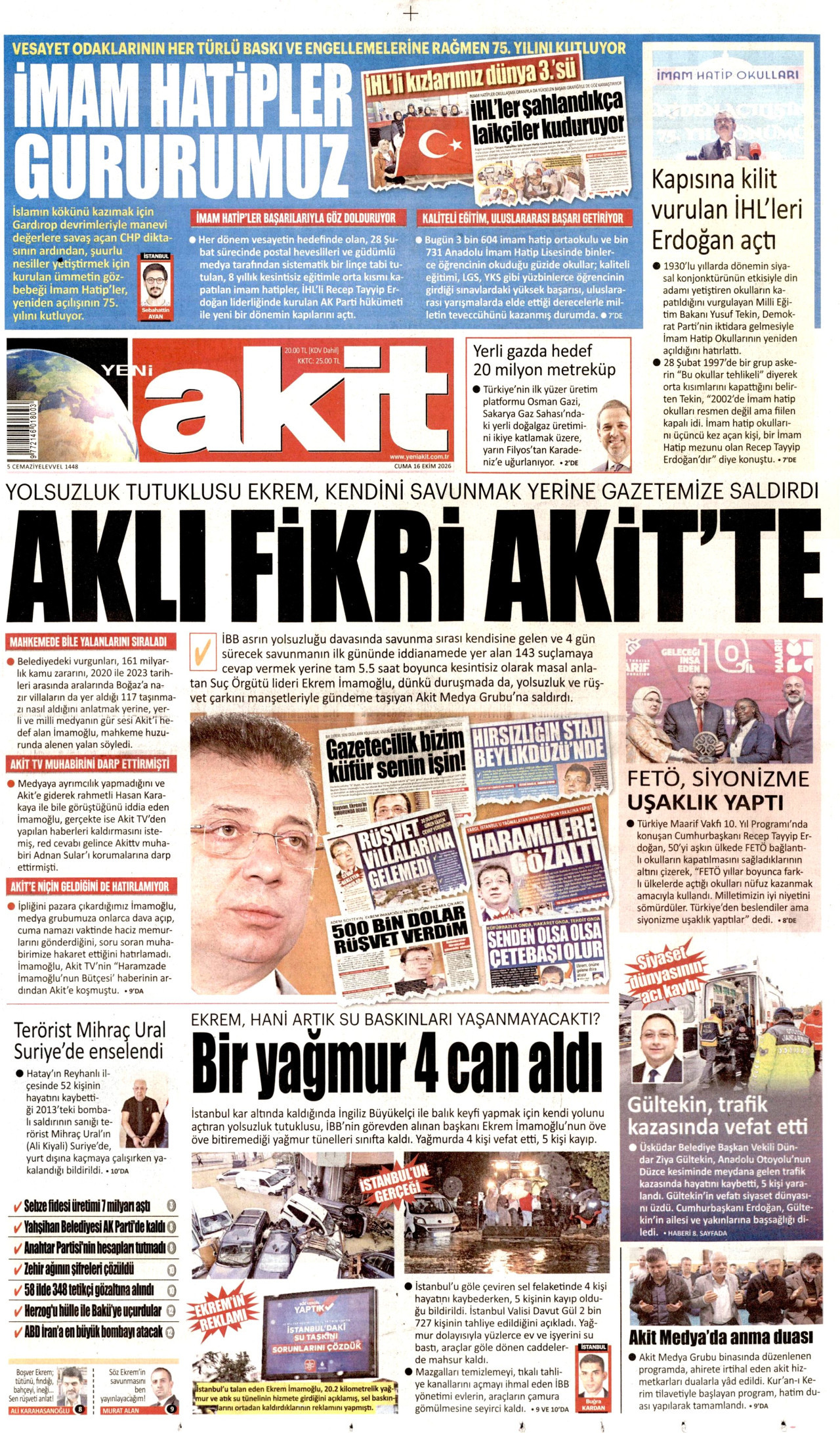 Yeni Akit Gazetesi 17 Ekim 2026 Cumartesi Manşeti Büyük Boyut