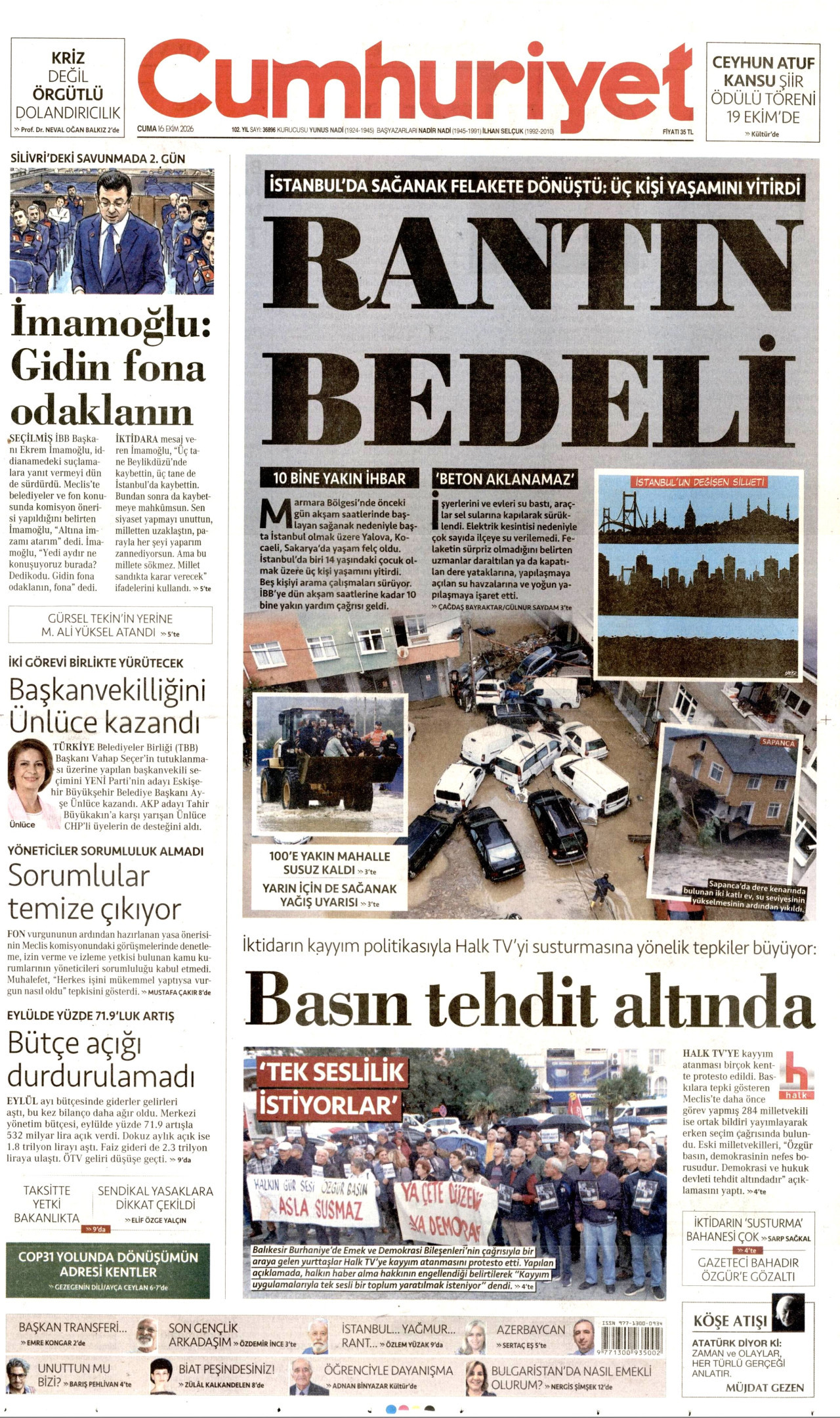 Cumhuriyet Gazetesi 17 Ekim 2026 Cumartesi Manşeti Büyük Boyut