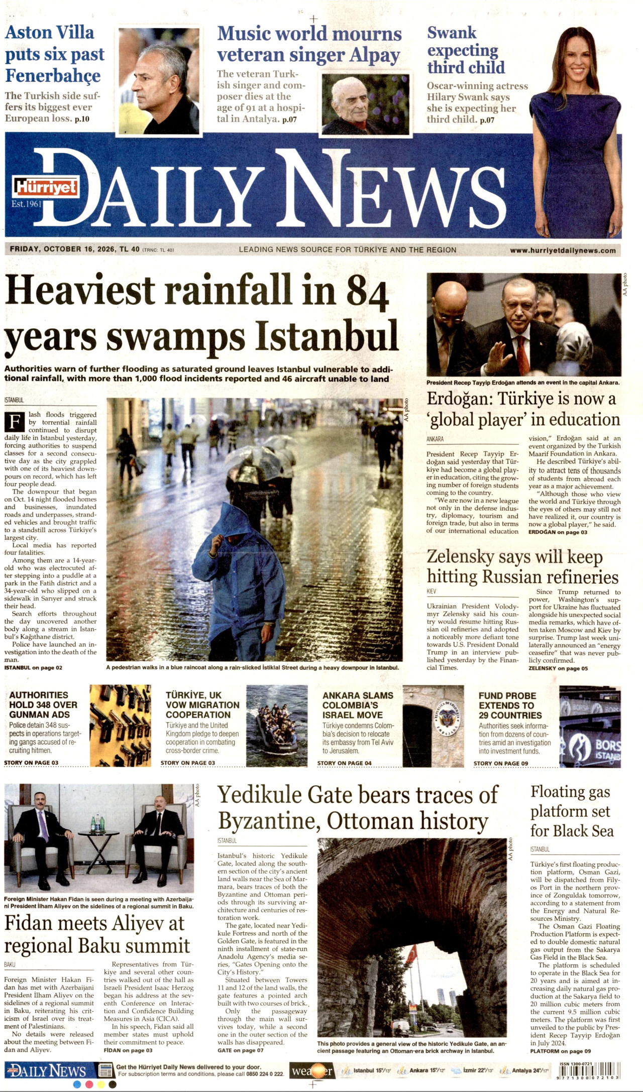 Hürriyet Daily News Gazetesi 17 Ekim 2026 Cumartesi Manşeti Büyük Boyut