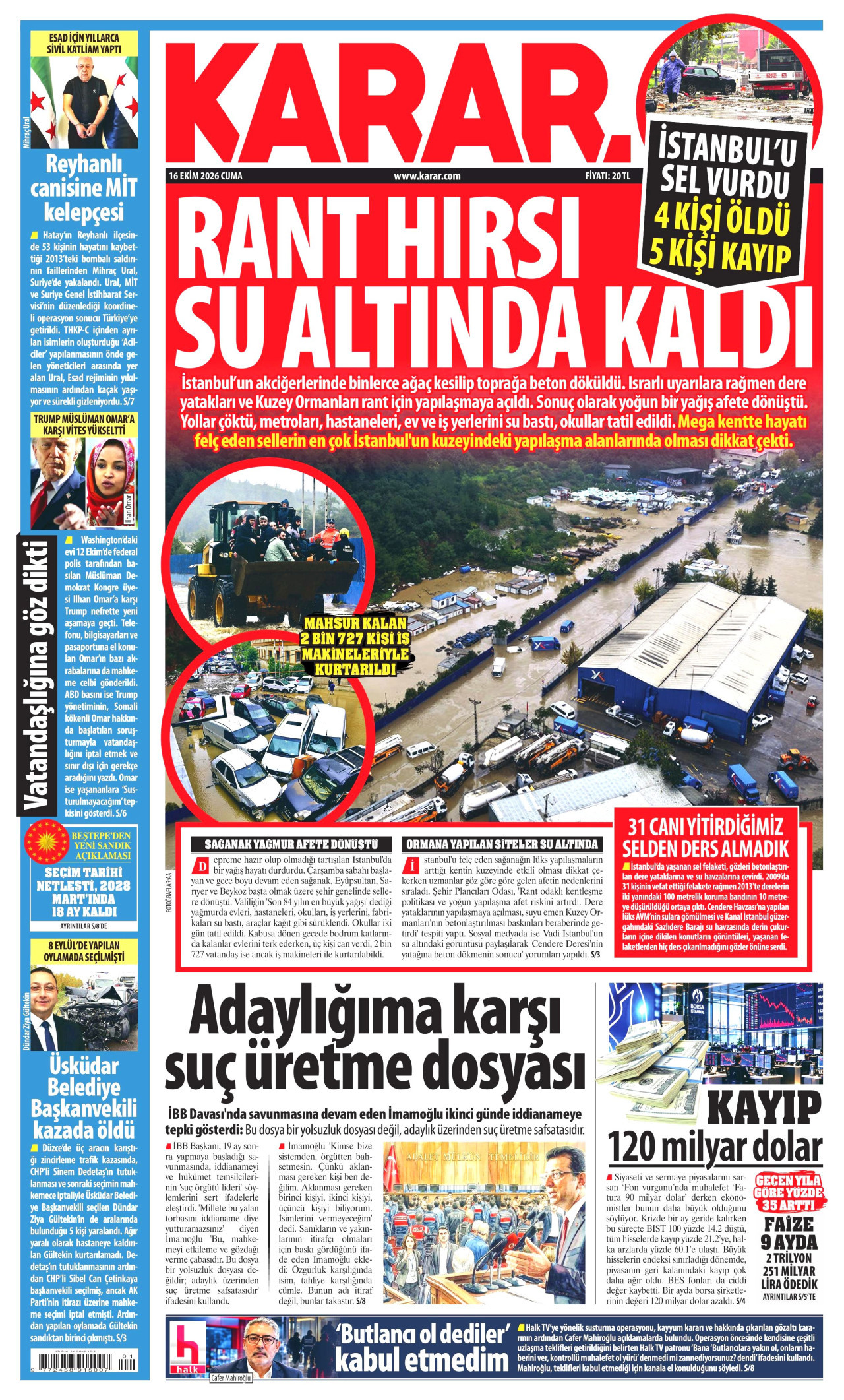 Karar Gazetesi 17 Ekim 2026 Cumartesi Manşeti Büyük Boyut