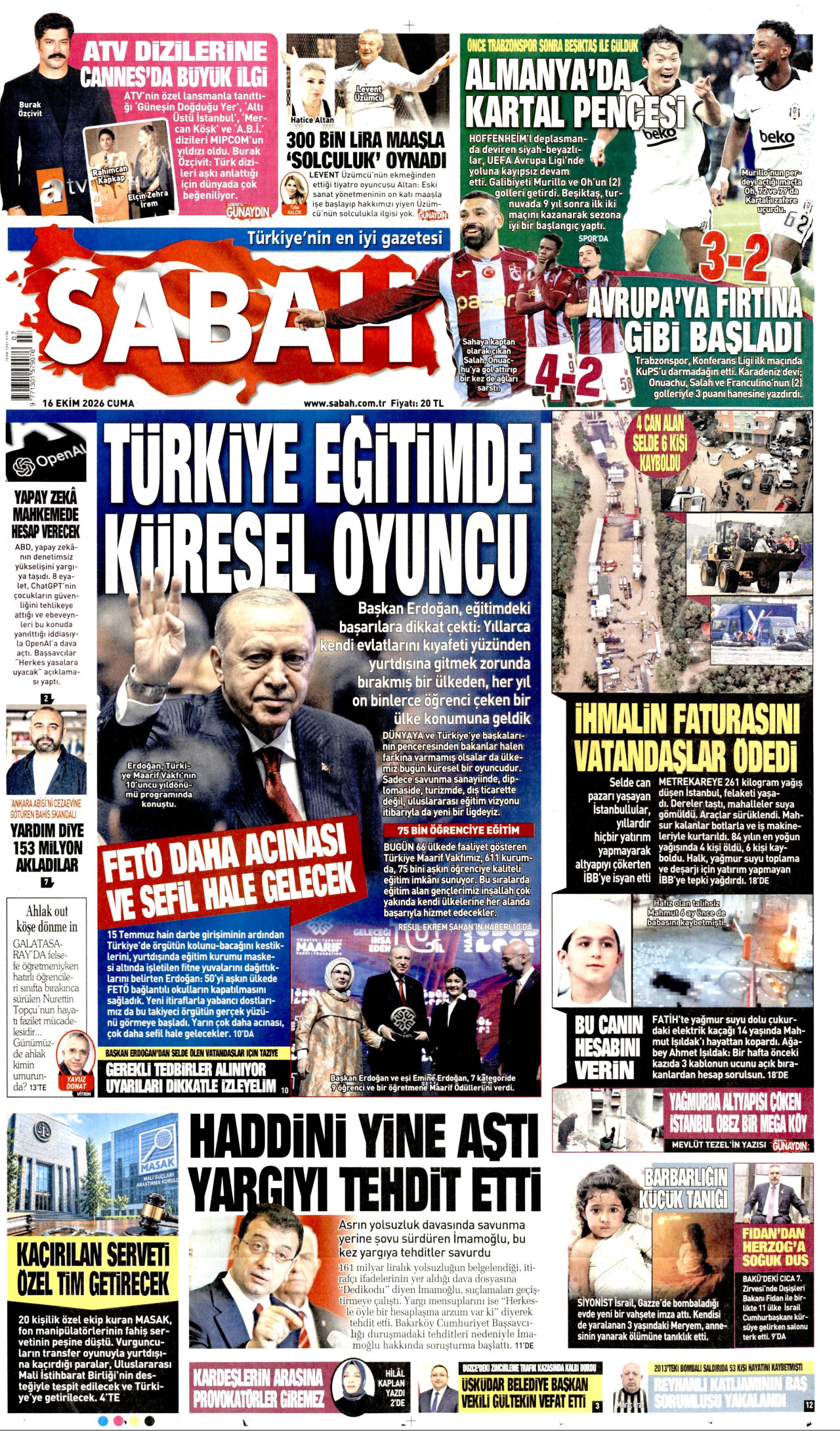 Sabah Gazetesi 17 Ekim 2026 Cumartesi Manşeti Büyük Boyut
