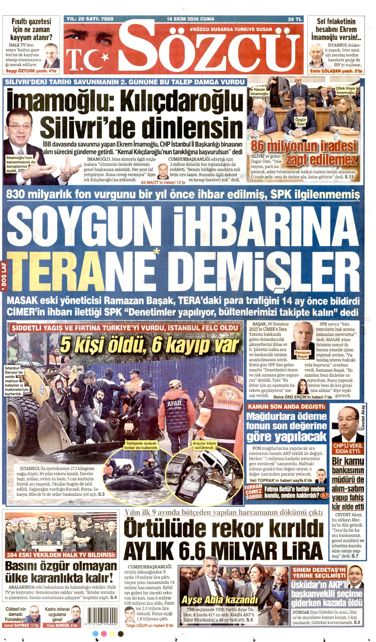 Sözcü Gazetesi 17 Ekim 2026 Cumartesi Manşeti Büyük Boyut