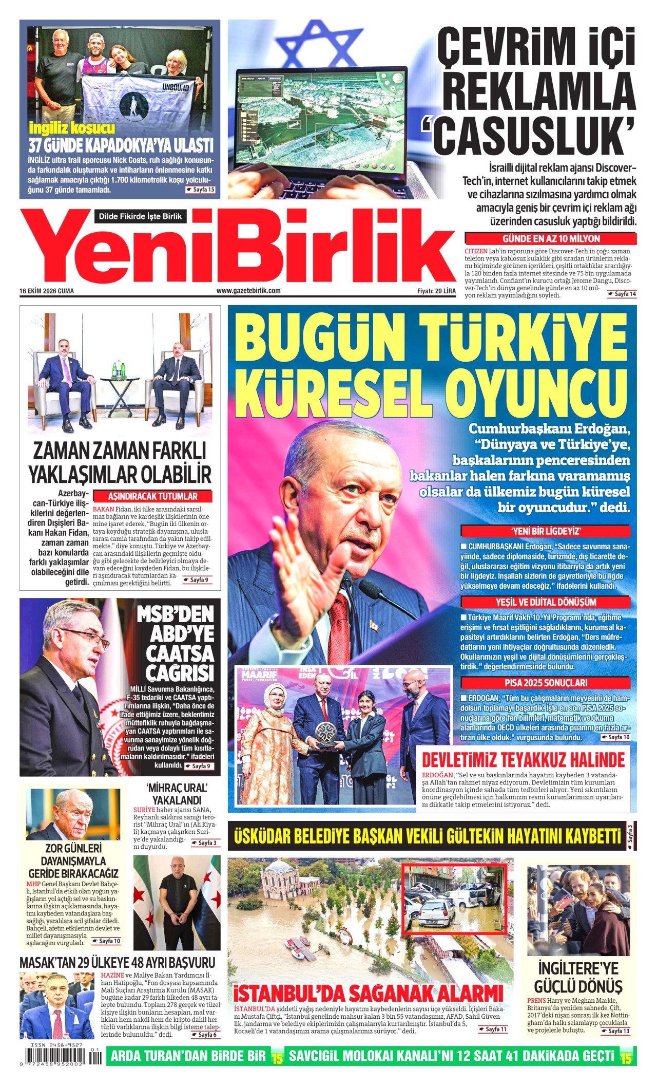 YeniBirlik Gazetesi 17 Ekim 2026 Cumartesi Manşeti Büyük Boyut