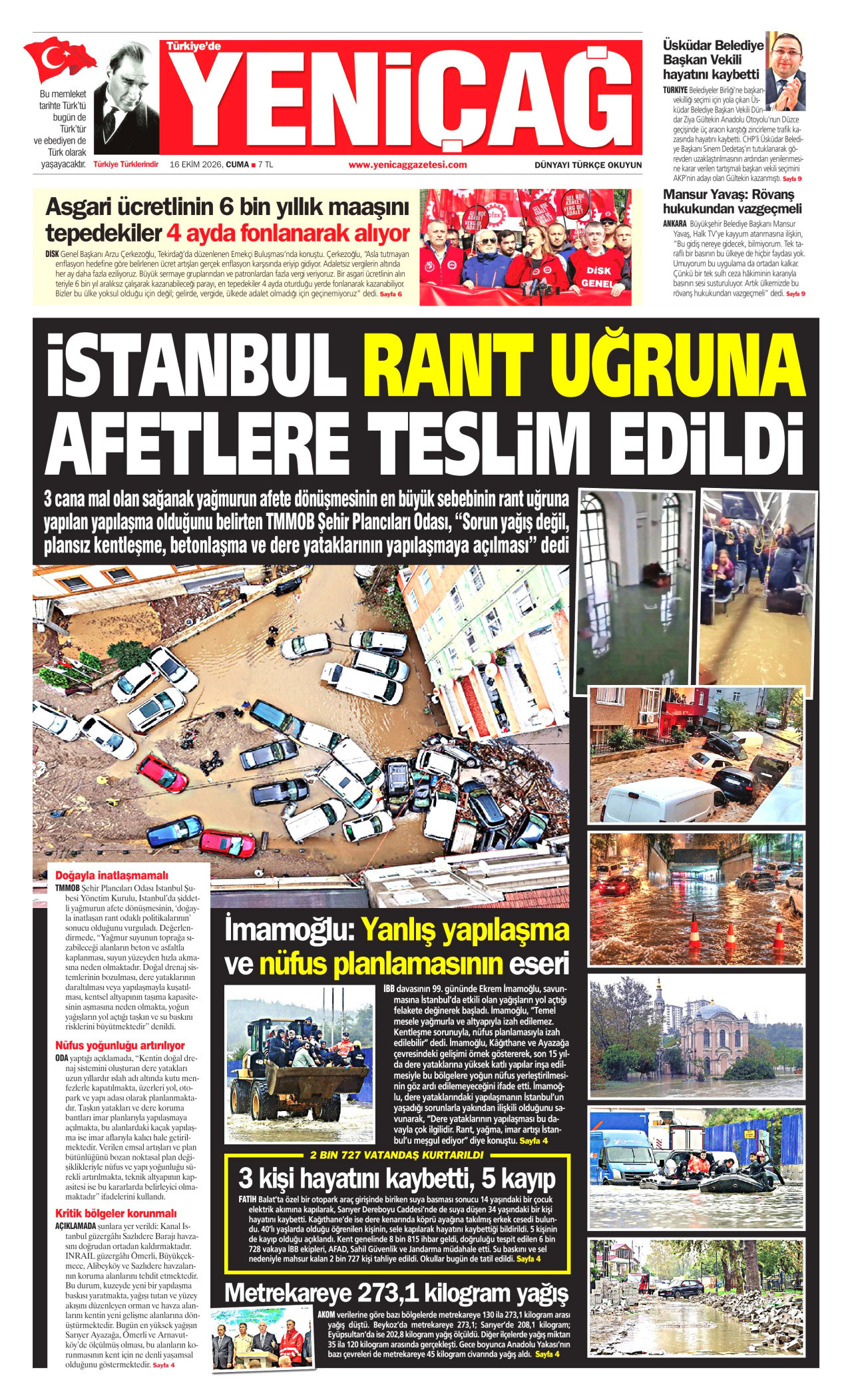 Yeniçağ Gazetesi 17 Ekim 2026 Cumartesi Manşeti Büyük Boyut