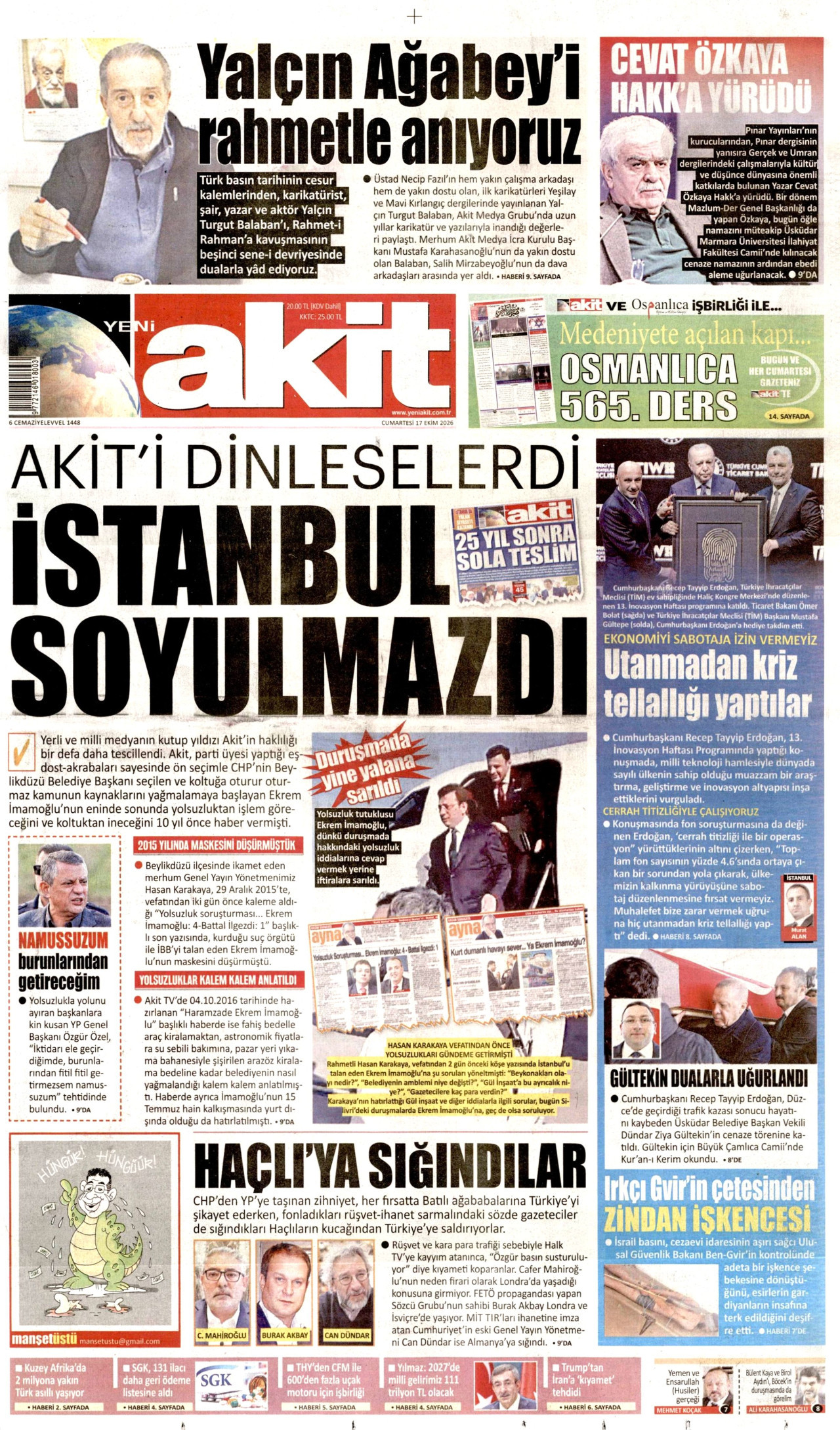 Yeni Akit Gazetesi 18 Ekim 2026 Pazar Manşeti Büyük Boyut