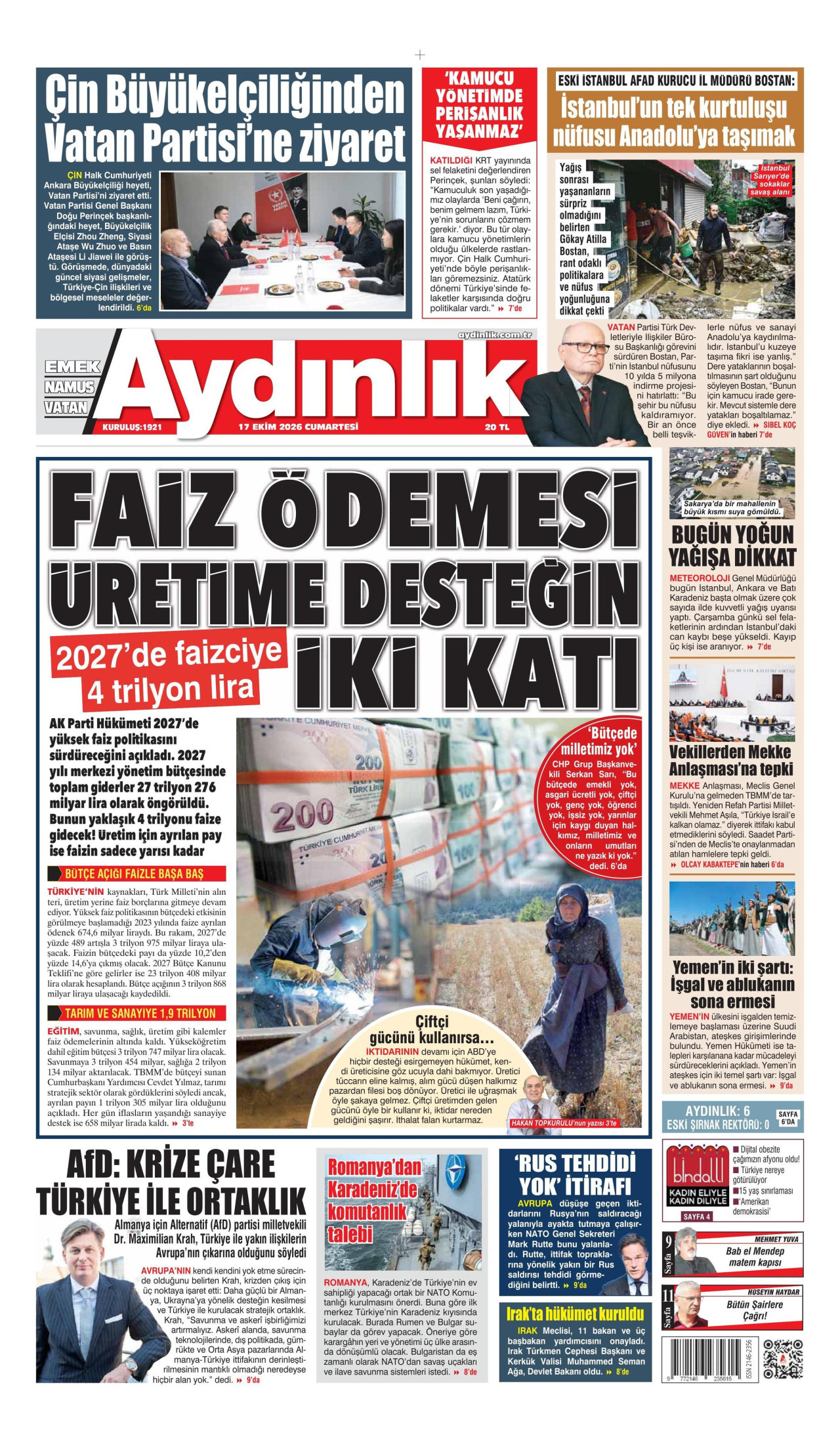 Aydınlık Gazetesi 18 Ekim 2026 Pazar Manşeti Büyük Boyut